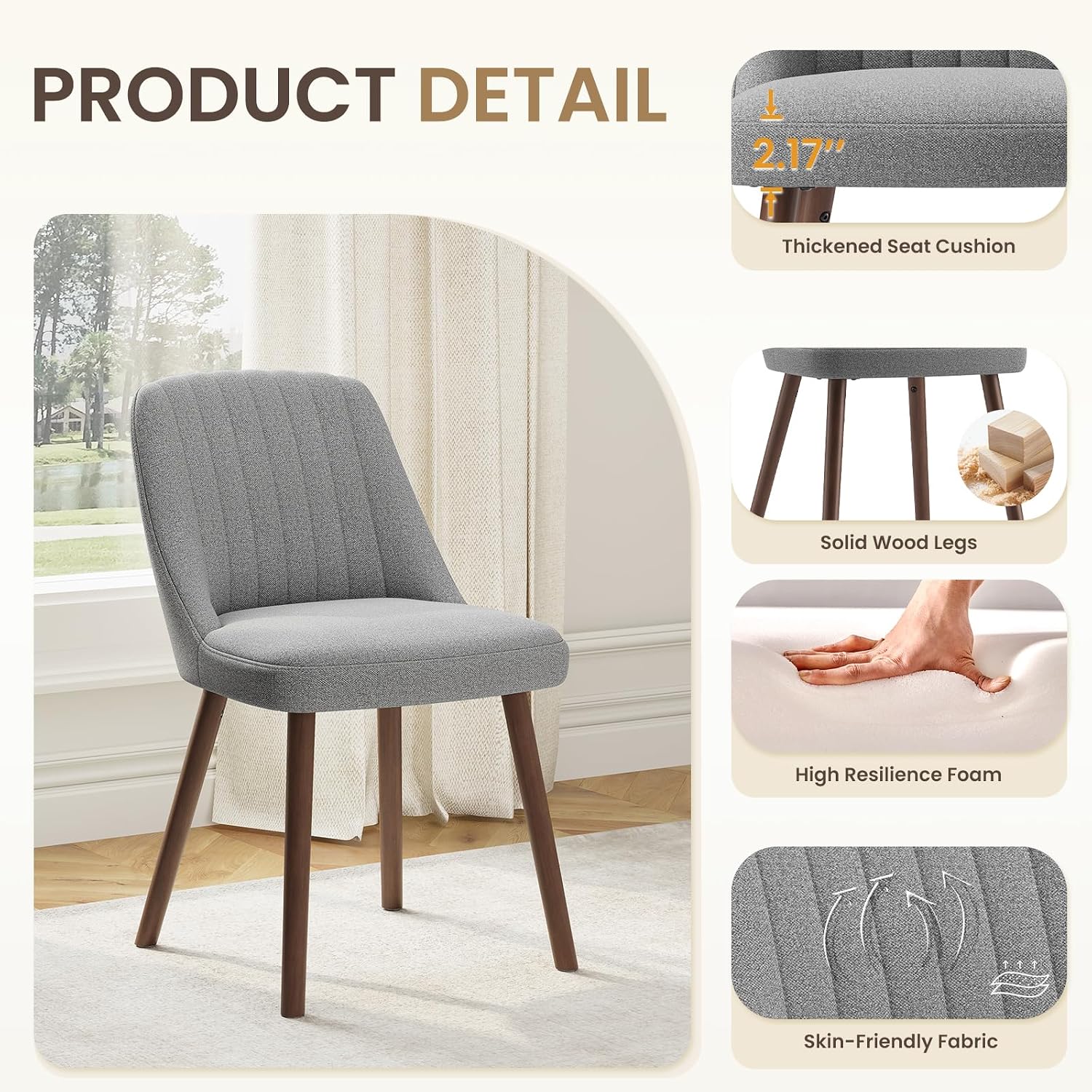 Detalle de MALOL VC-DCW21-GY-FB Dining Chairs, Grey Fabric, Set of 2