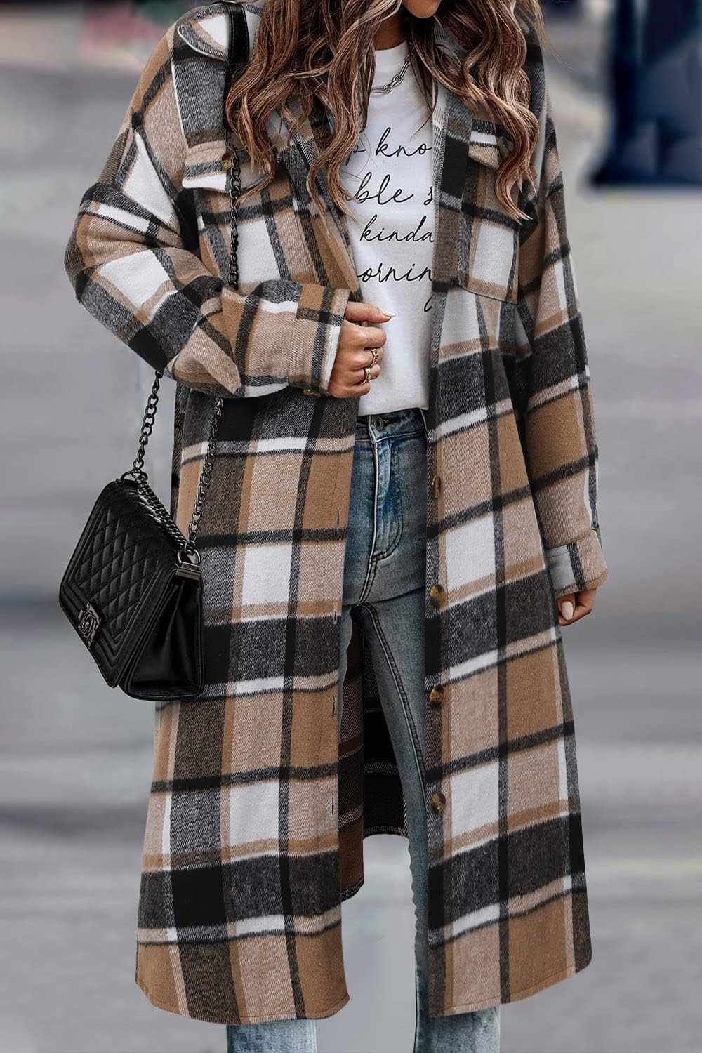 Detalle de onlypuff Women’s Long Plaid Flannel Shacket Jacket with Lapel and Buttons