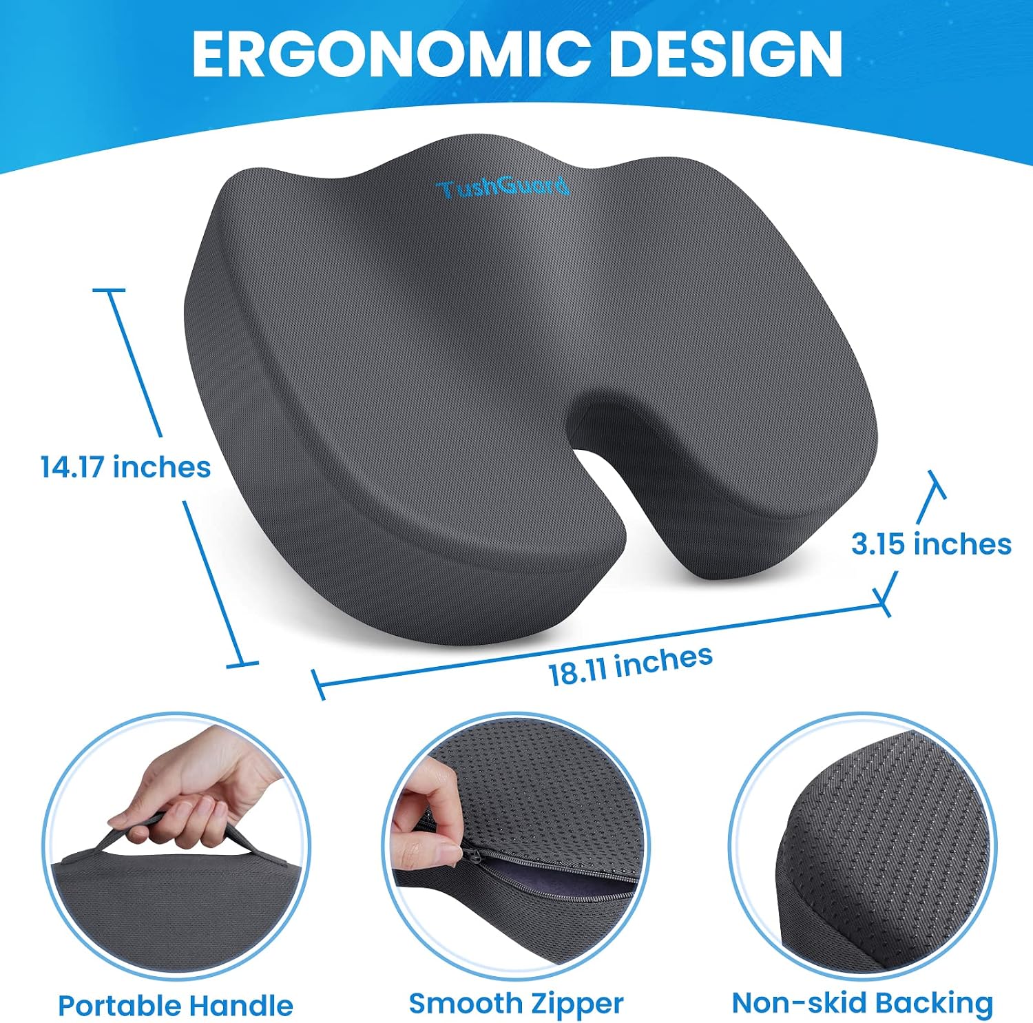 Thumbnail 1 de TushGuard MPNTG0001-NYGE Memory Foam Seat Cushion, Gray, Washable Cover