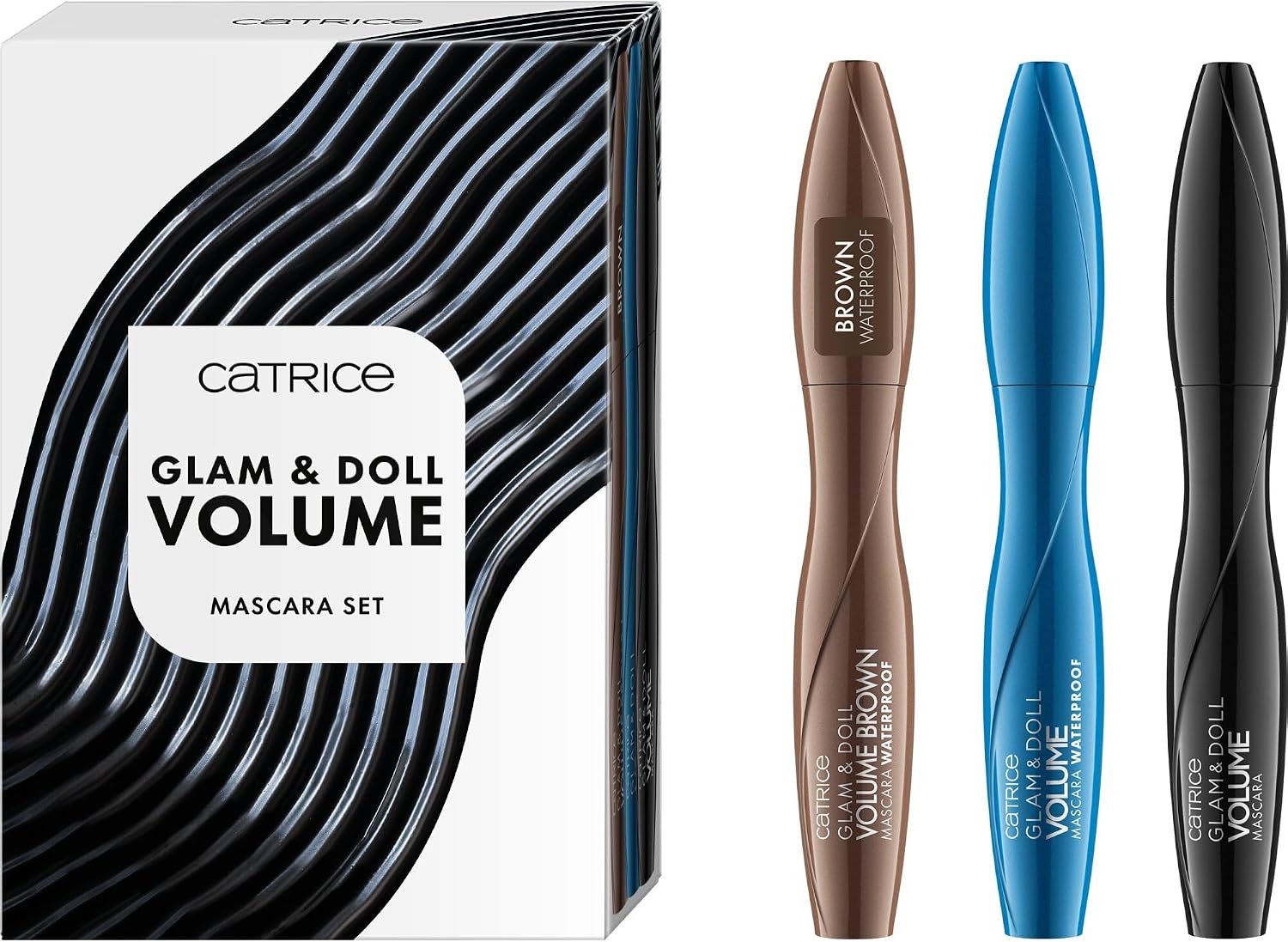 Detalle de Catrice Cosmetics Glam & Doll Volume Mascara Set 01, three mascaras in black and brown