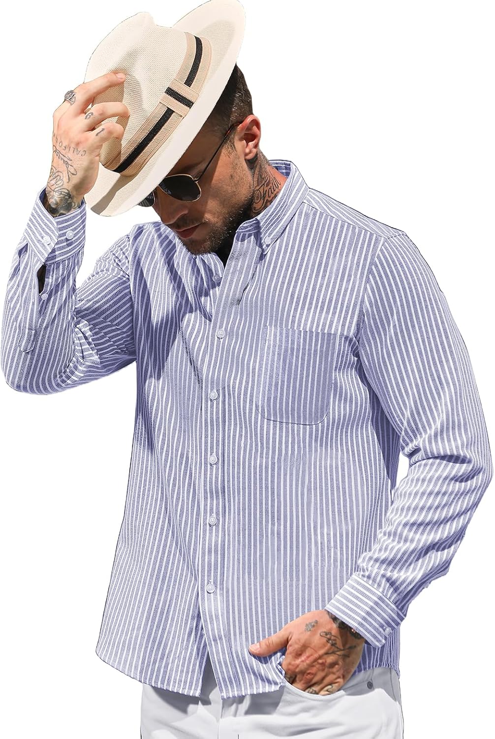 Thumbnail 3 de Mauro Kane men’s long-sleeve oxford shirt with pocket – 100% cotton non-iron striped button-down