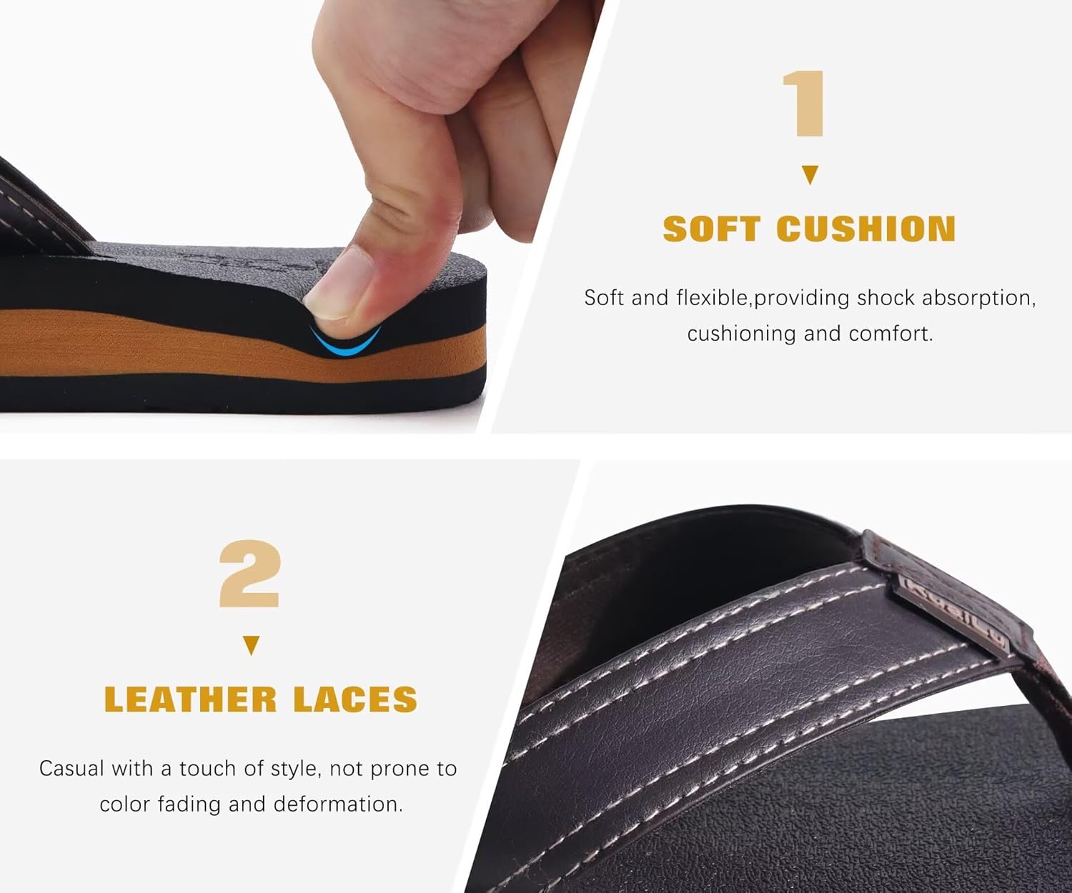 Detalle de KuaiLu men’s leather arch support flip flops – cushioned wide-fit beach sandals with non-slip sole