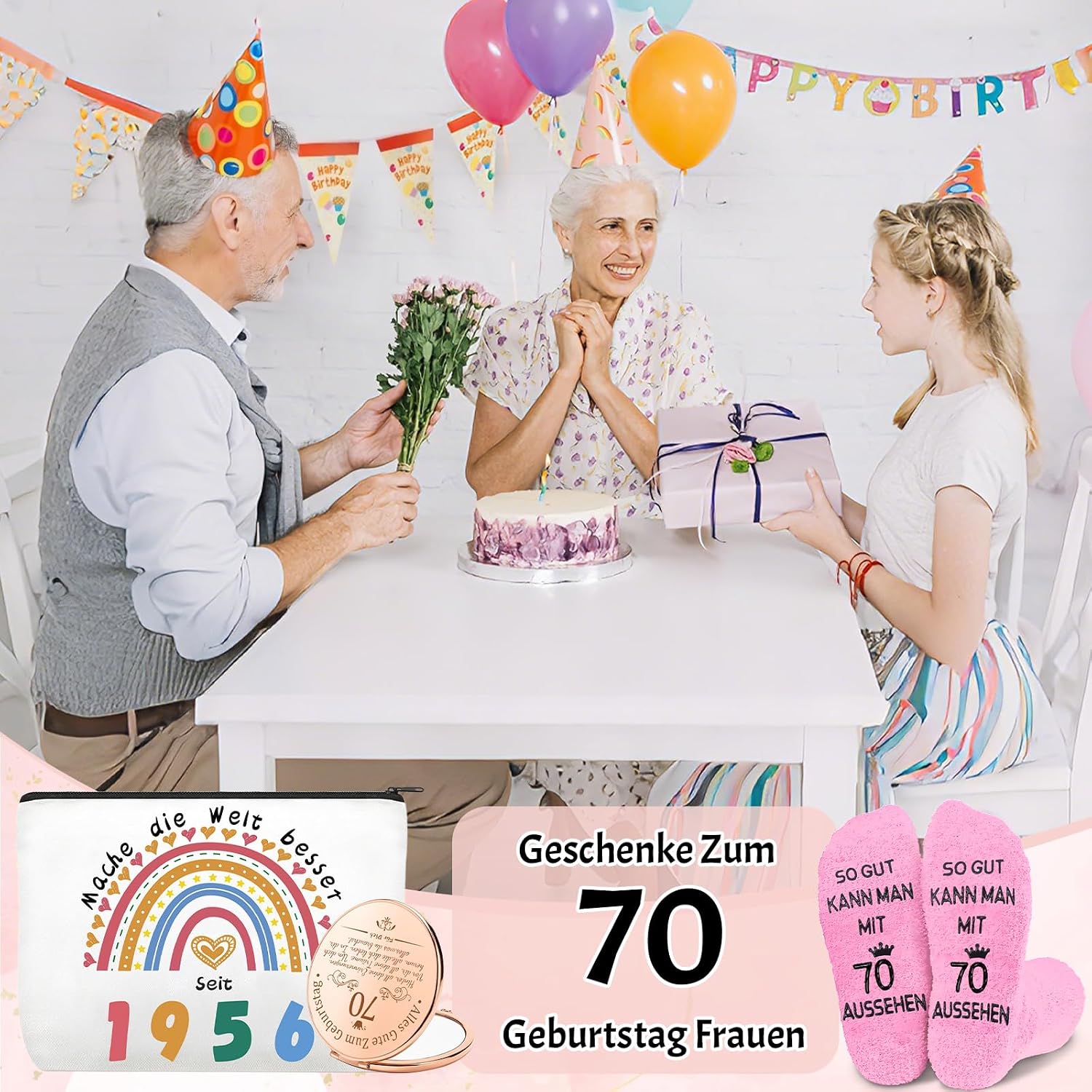 Thumbnail 5 de Shining She 70. Geburtstag Frau Set mit 1956 Kosmetiktasche, Schlüsselanhänger, klappbarem Kosmetikspiegel, rosafarbenen Socken