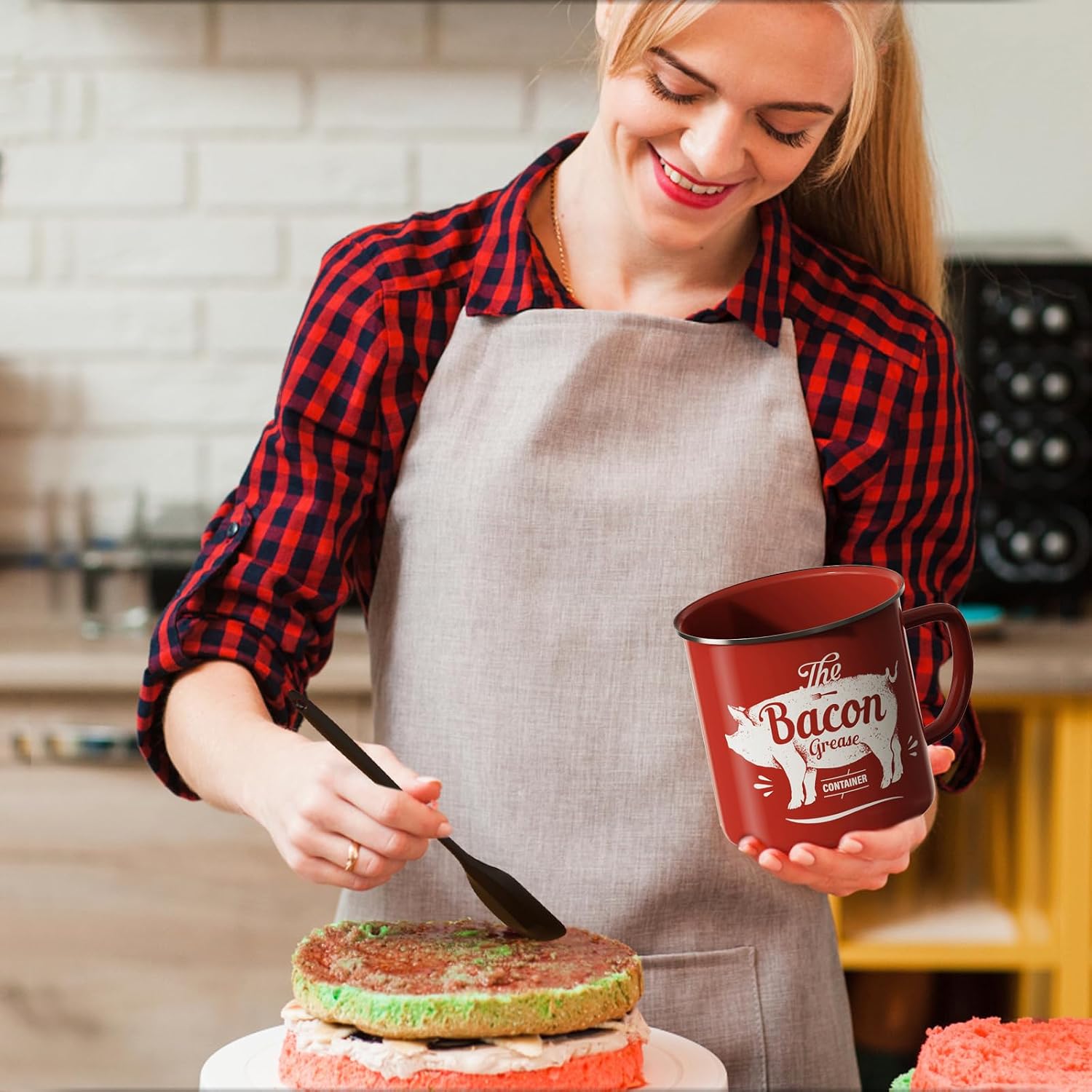 Thumbnail 6 de Bacon Grease Container With Strainer (46OZ Large Enamel Grease Container) + Silicone Spatula