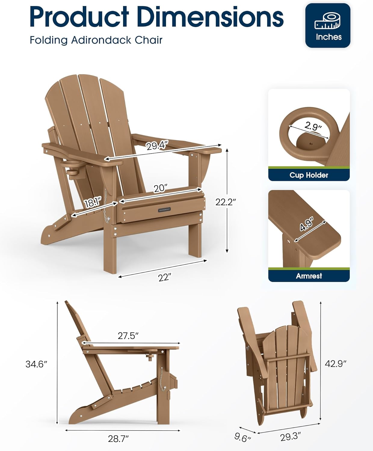 Detalle de MUCHENGHY Folding Adirondack Chair with Cup Holder (HDPE, Teak color)
