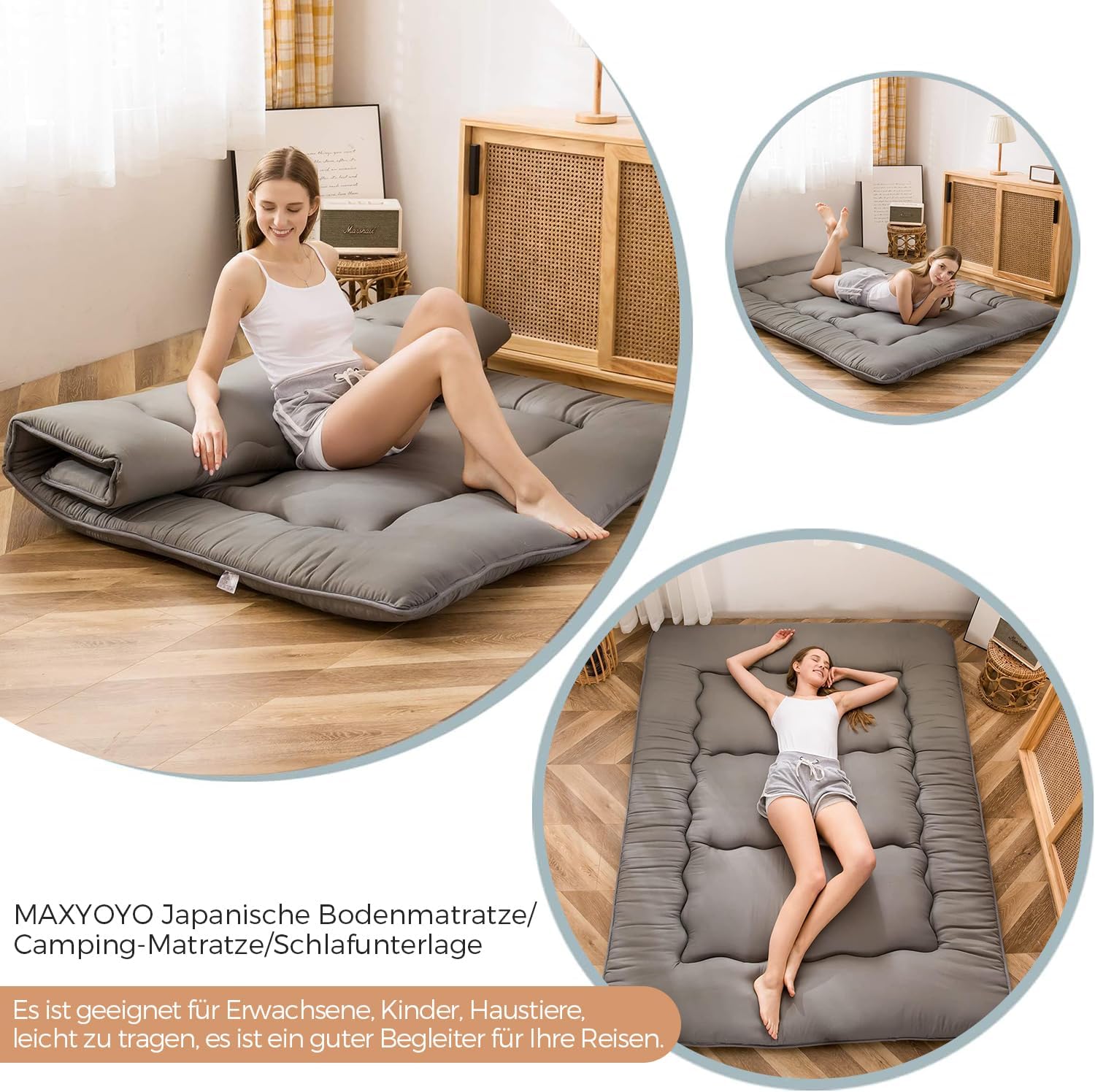 Detalle de MAXYOYO Japanese Floor Mattress Futon Mattress, Thicken Tatami Mat Sleeping Pad Foldable (Charcoal Grey, Single)