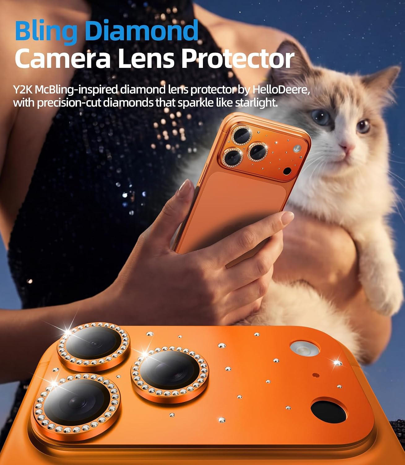 Detalle de HelloDeere iPhone 17 Pro Camera Lens Protector, Orange Diamond Tempered Glass