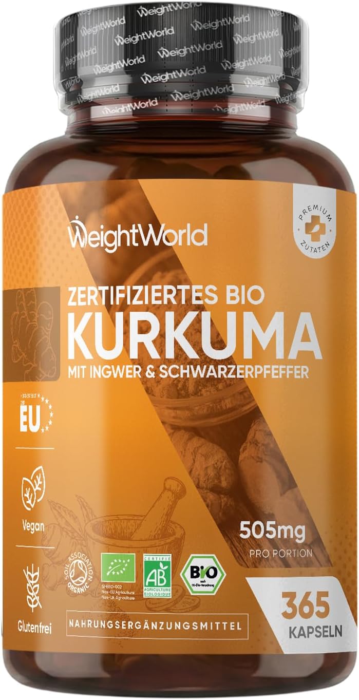 Detalle de WeightWorld Bio Kurkuma Kapseln – Curcuma mit Ingwer & Pfeffer, 365 Kapseln, 1 Jahresvorrat, Bio, Vegan & lactosefrei