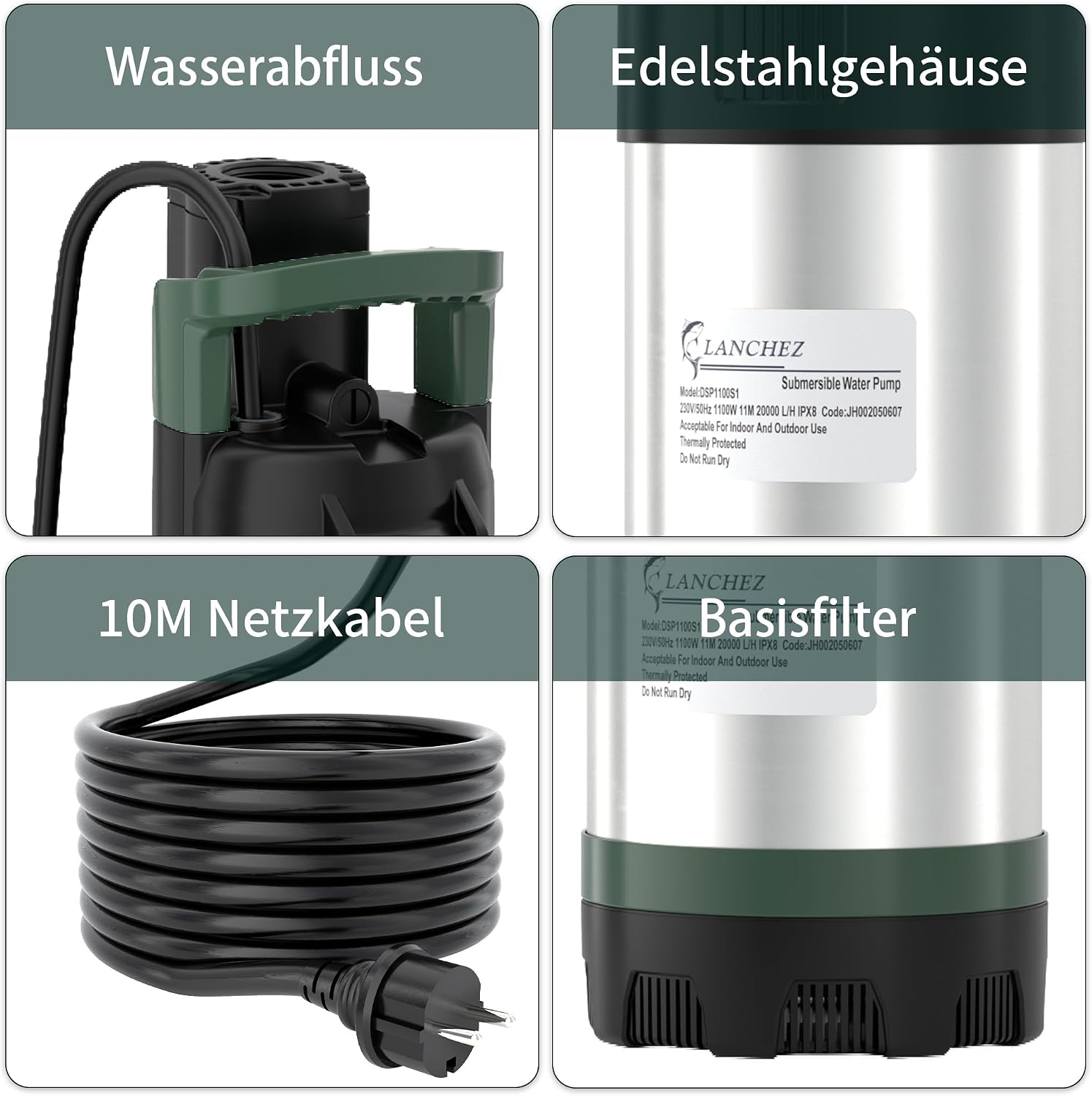 Detalle 2 de LANCHEZ Tauch-Druckpumpe 3 inox – 800 W, 6.300 l/h, 37 m Förderhöhe, IPX8, inklusive Seilset