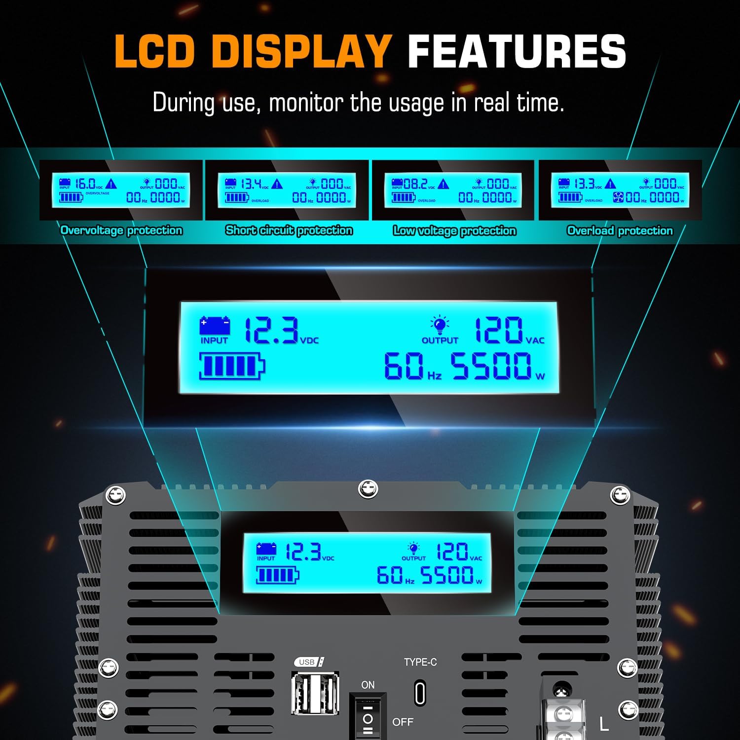 Detalle 2 de 5500W 12V DC to 110/120V AC Inverter with LCD, Type-C, 3 Outlets, Dual USB, Remote
