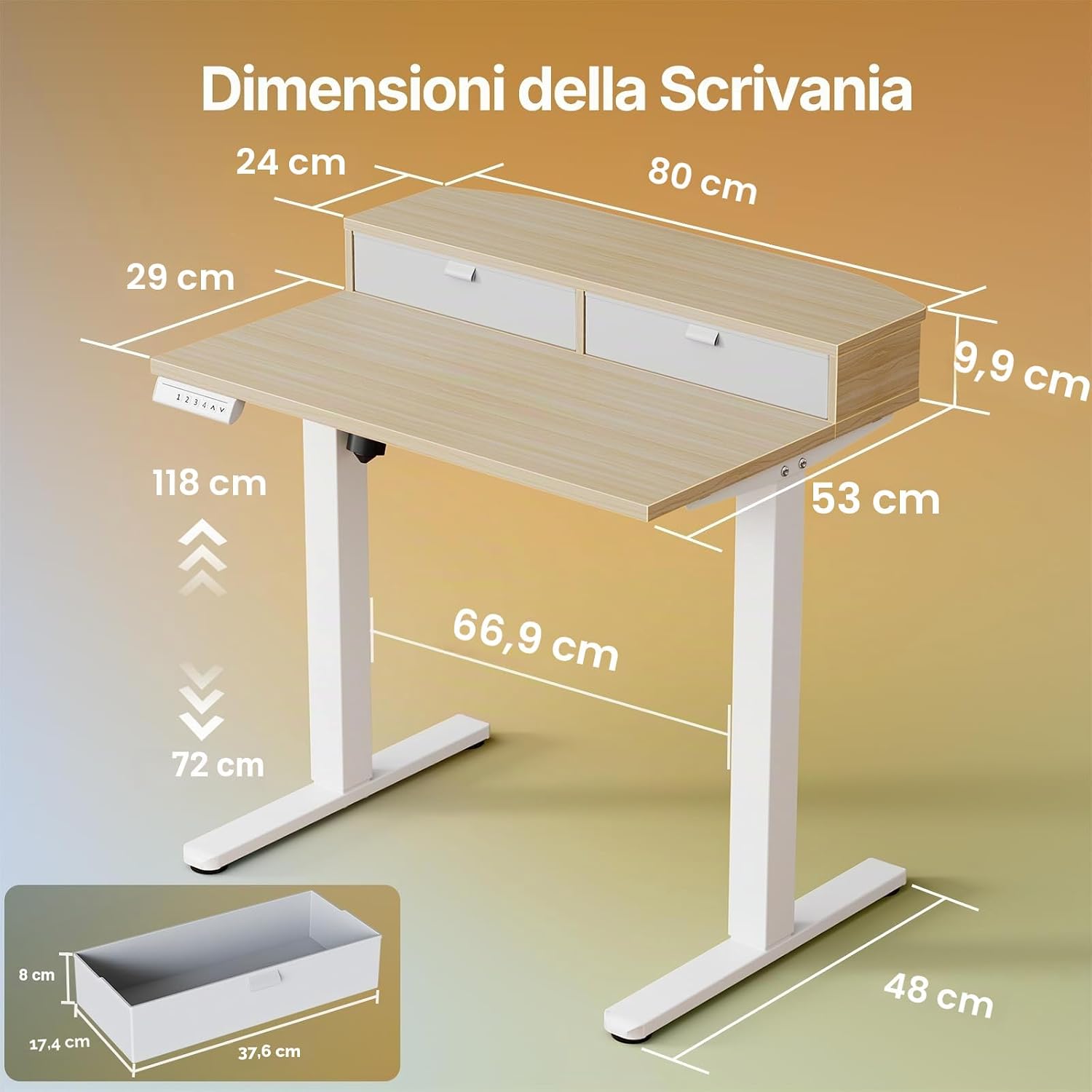 Thumbnail 1 de HUANUO Scrivania Piccola 80 x 53 cm con cassetti: altezza regolabile 72–118 cm e morsetto a C