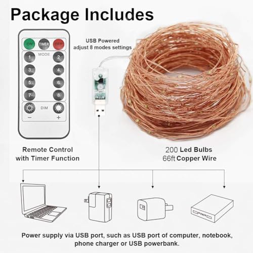 Detalle 2 de Twinkle Star Fairy Lights: 20m USB Copper Wire String Lights (200 LEDs) with Remote, 8 Modes and Timer