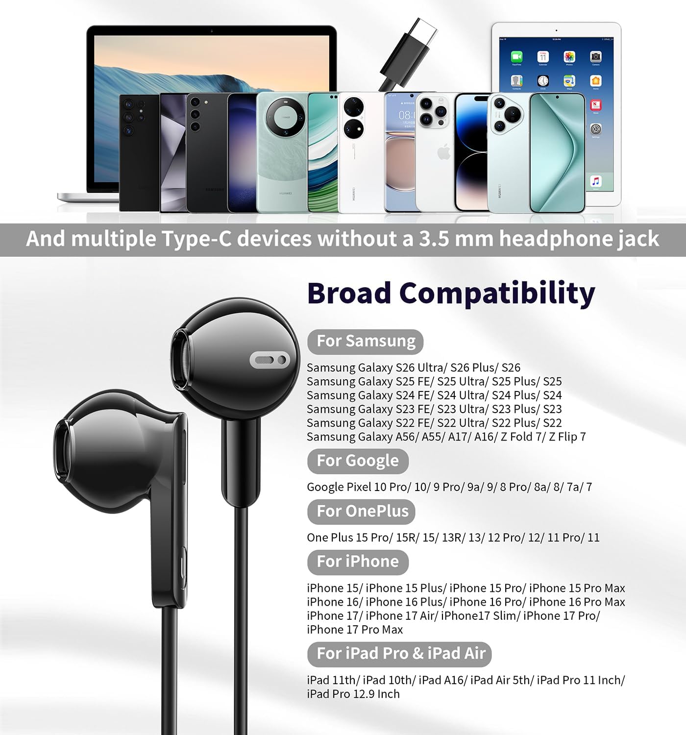 Thumbnail 4 de USB C Headphones with Mic for Samsung and Apple Devices – Wired Earbuds with In-line Controls