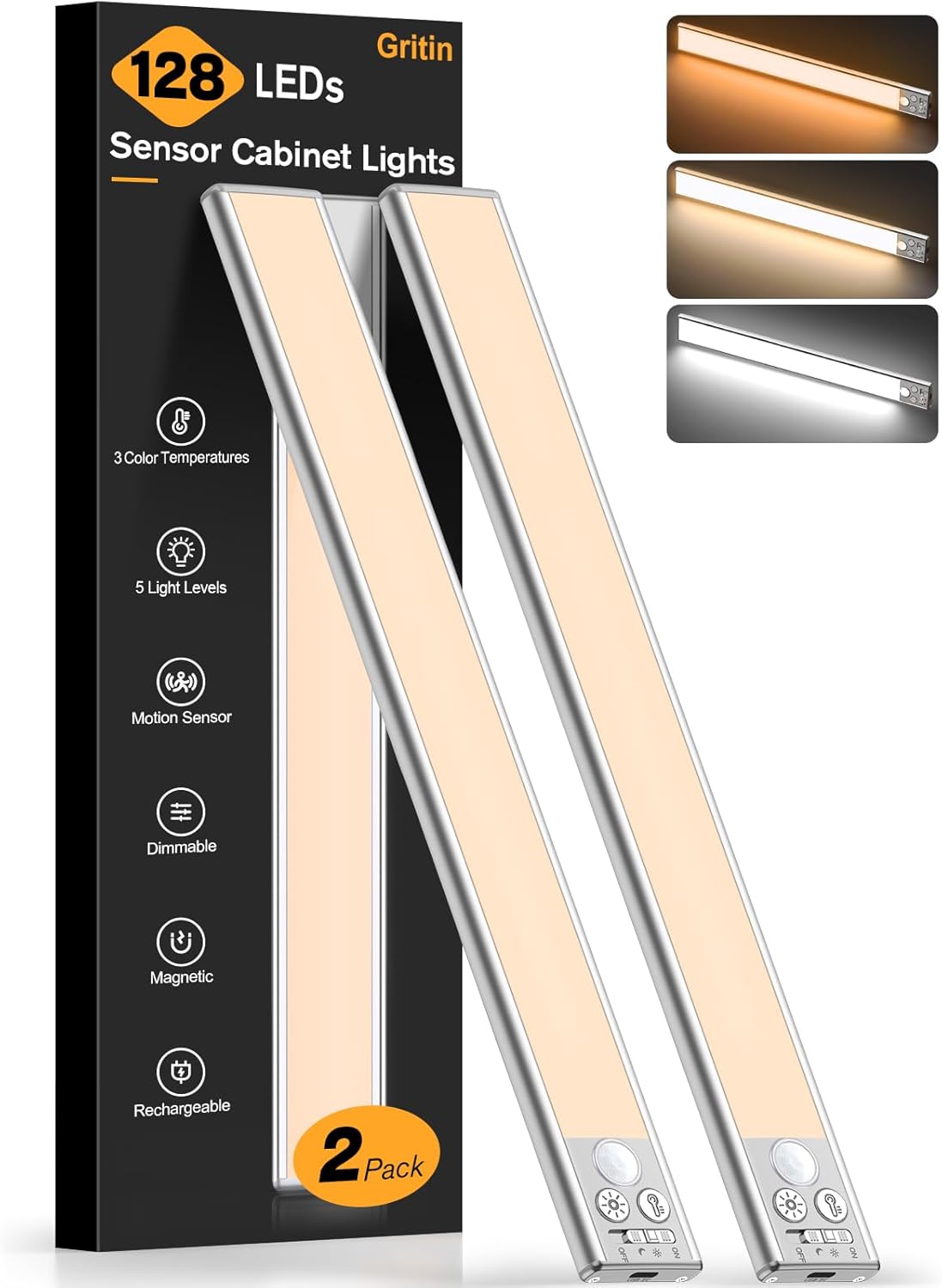 Gritin 14.7-inch Under Cabinet Lighting Rechargeable 2-Pack (Motion Sensor, 3 Color Temps, 5 Brightness Levels)