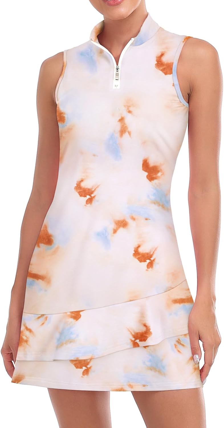 Detalle de Viracy Sleeveless Golf Dress with Shorts and Pockets – Stand Collar, Double Ruffle Hem