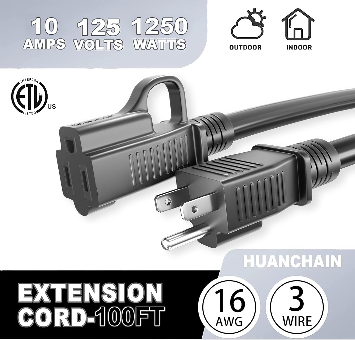 Thumbnail 6 de HUANCHAIN 100 ft 16/3 Extension Cord, Waterproof SJTW, 3-Prong Black