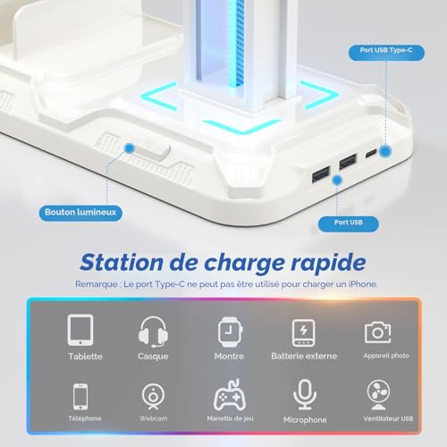 Thumbnail 2 de KDD Support Casque Bureau avec Support Téléphone – Repose Casque Gaming Blanc