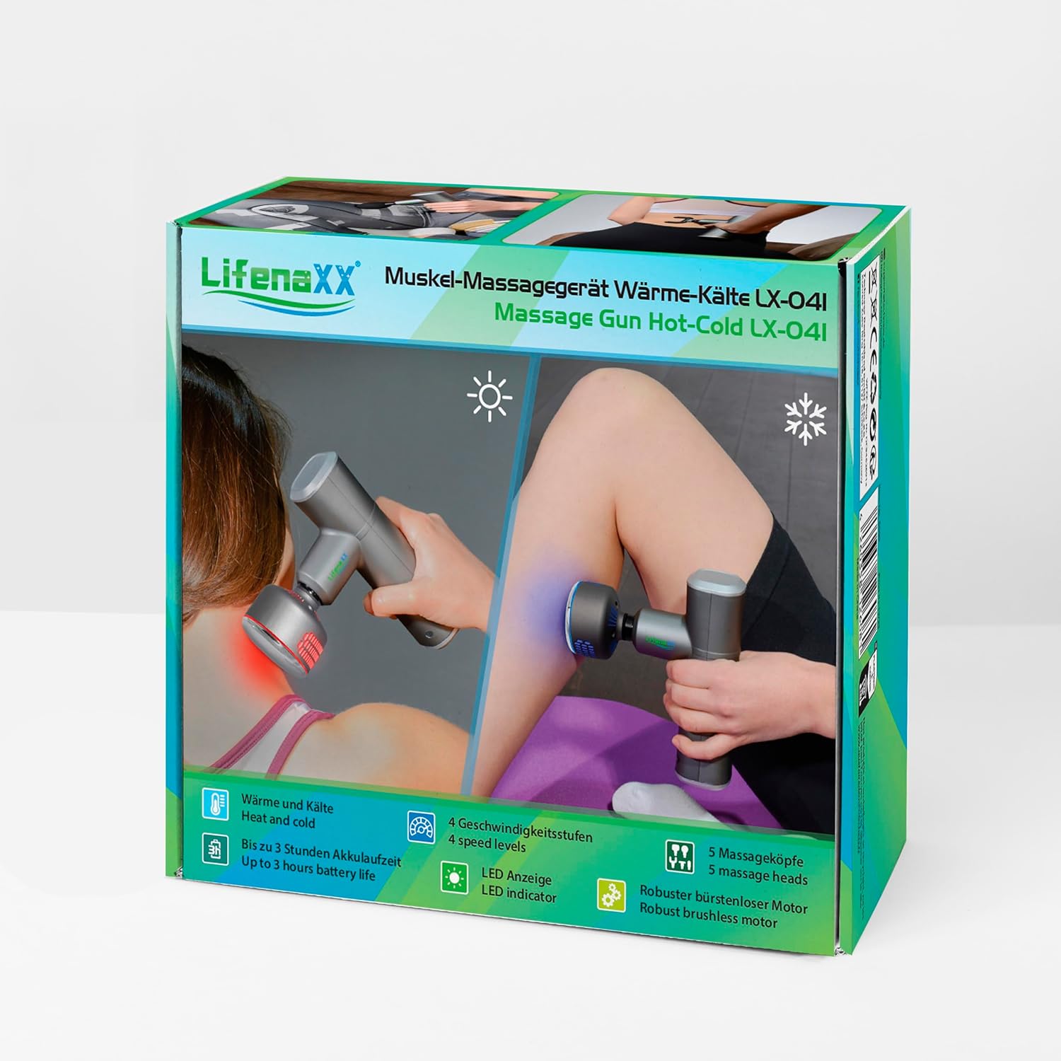 Detalle de LX-041: Pistola per massaggi Lifenaxx – calore, freddo e massaggio profondo con 5 testine