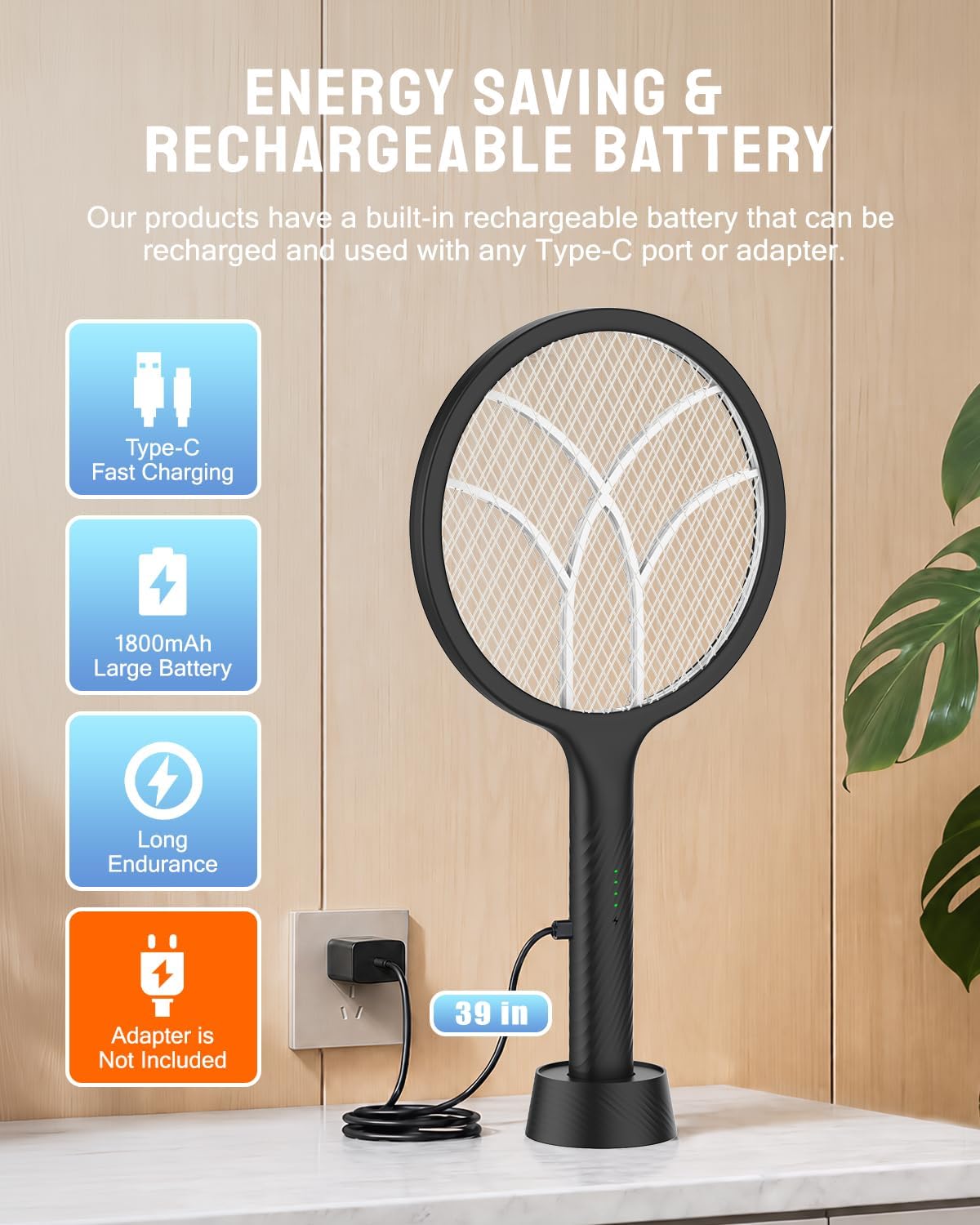Detalle de Mosiller DWP08 Electric Fly Swatter and Bug Zapper, 4000V, Rechargeable