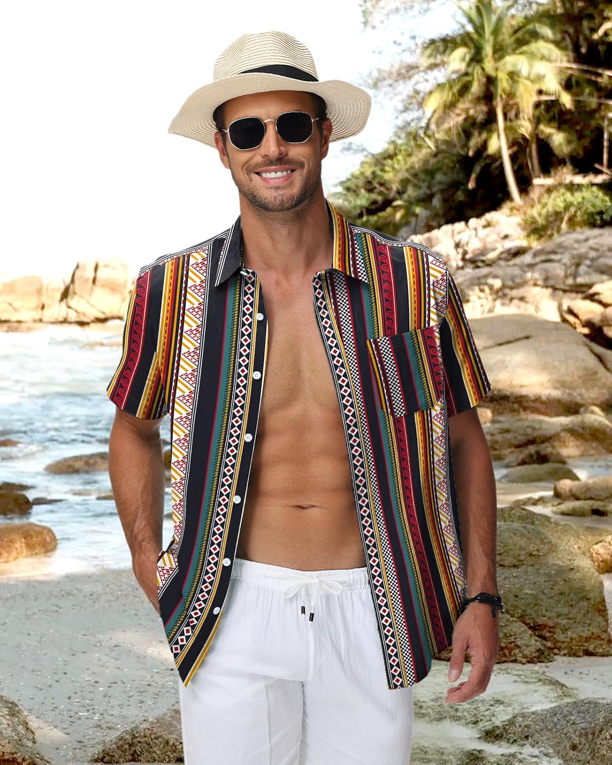 Detalle de HMIYA Herren Hawaii Hemd – 100% Baumwolle, Kurzarm, Unisex, Knopfverschluss, Regular Fit
