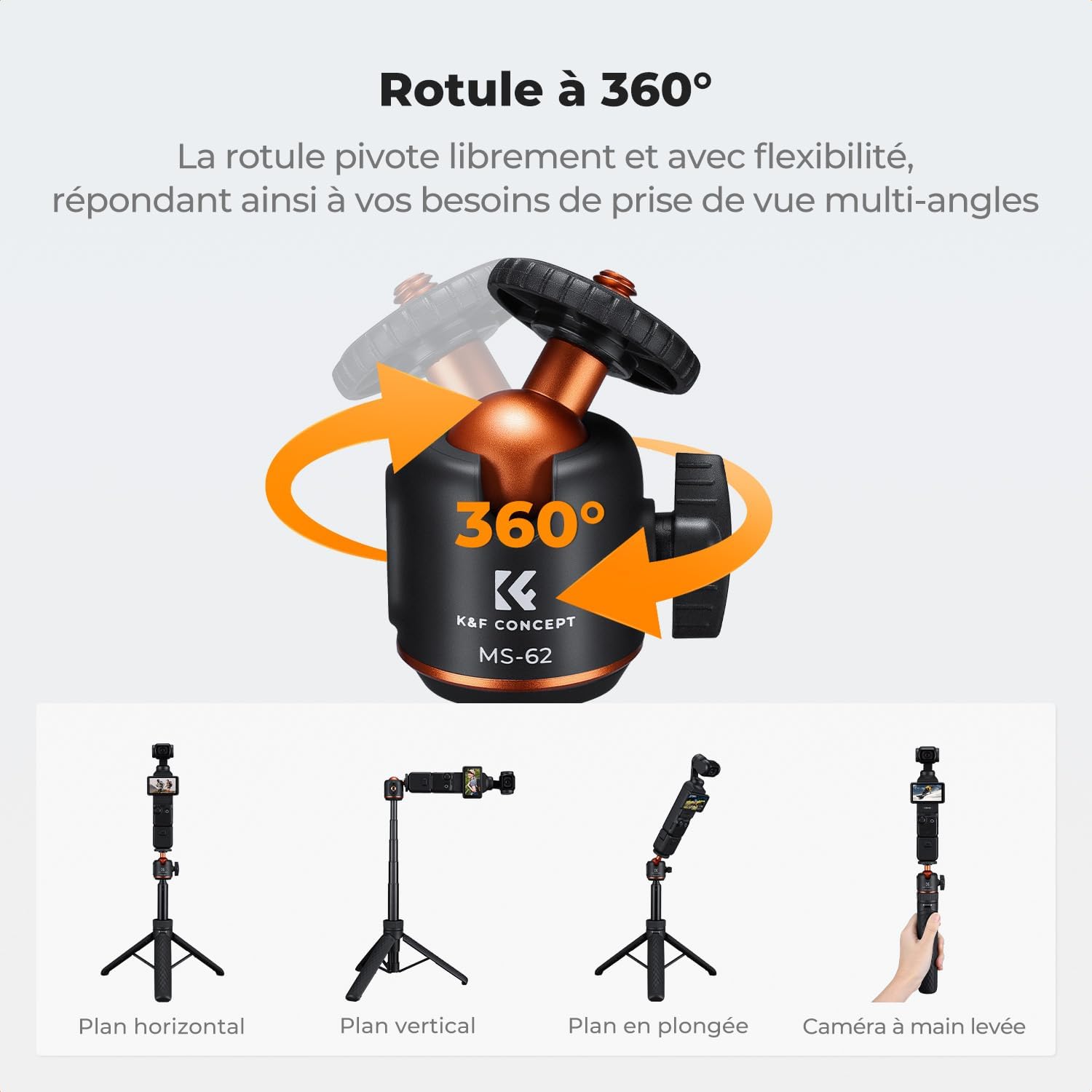 Detalle de K&F CONCEPT MS62 Perche à Selfie 65 cm – Trépied léger et compact pour smartphone et caméra d’action