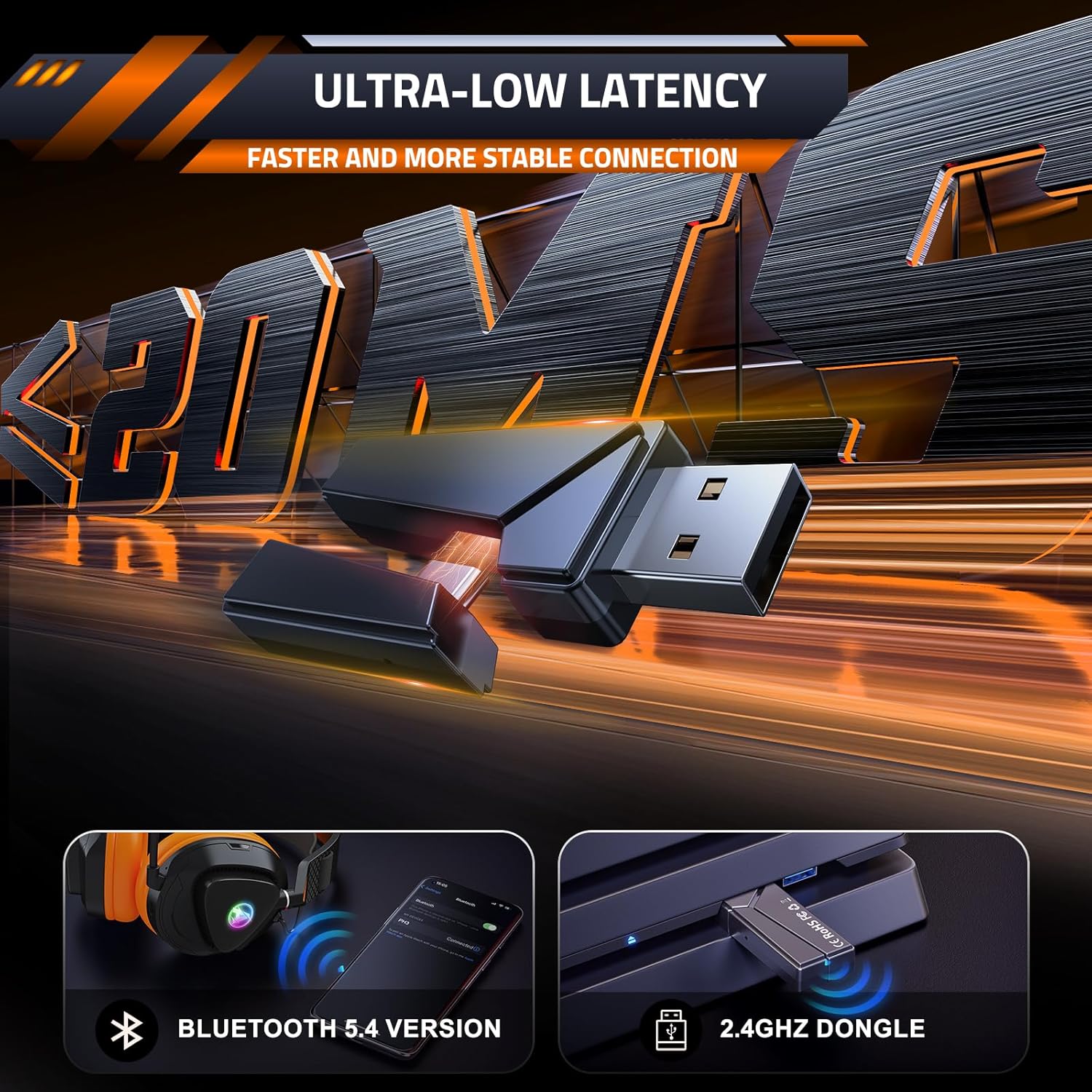 Detalle de Awinnasey PH3 Wireless Gaming Headset – 50 Hours Battery, 2.4GHz & Bluetooth, RGB (Light Orange)