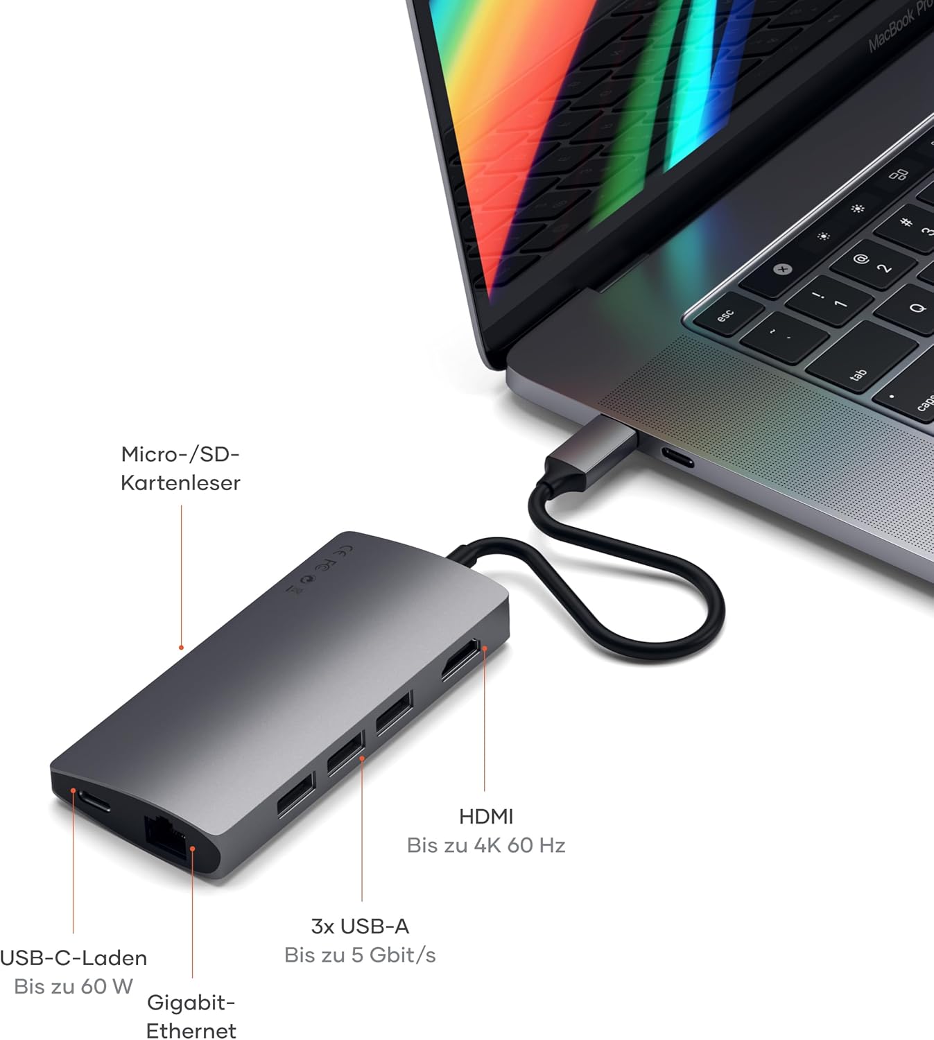 Thumbnail 4 de SATECHI 8-in-1 Multiport-Hub V2 mit Ethernet, HDMI 4K/60 Hz & 60 W PD-Laden – Space Grau