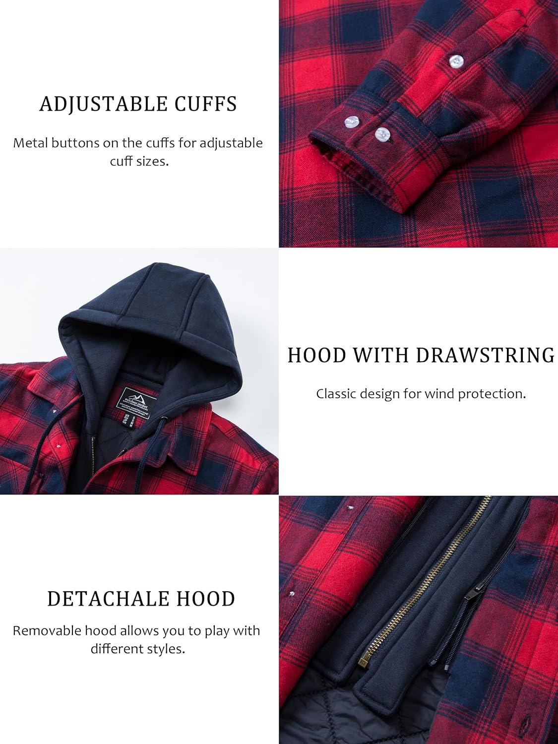 Detalle 2 de TACVASEN Men's Quilted Flannel Shacket with Removable Hood, Plaid