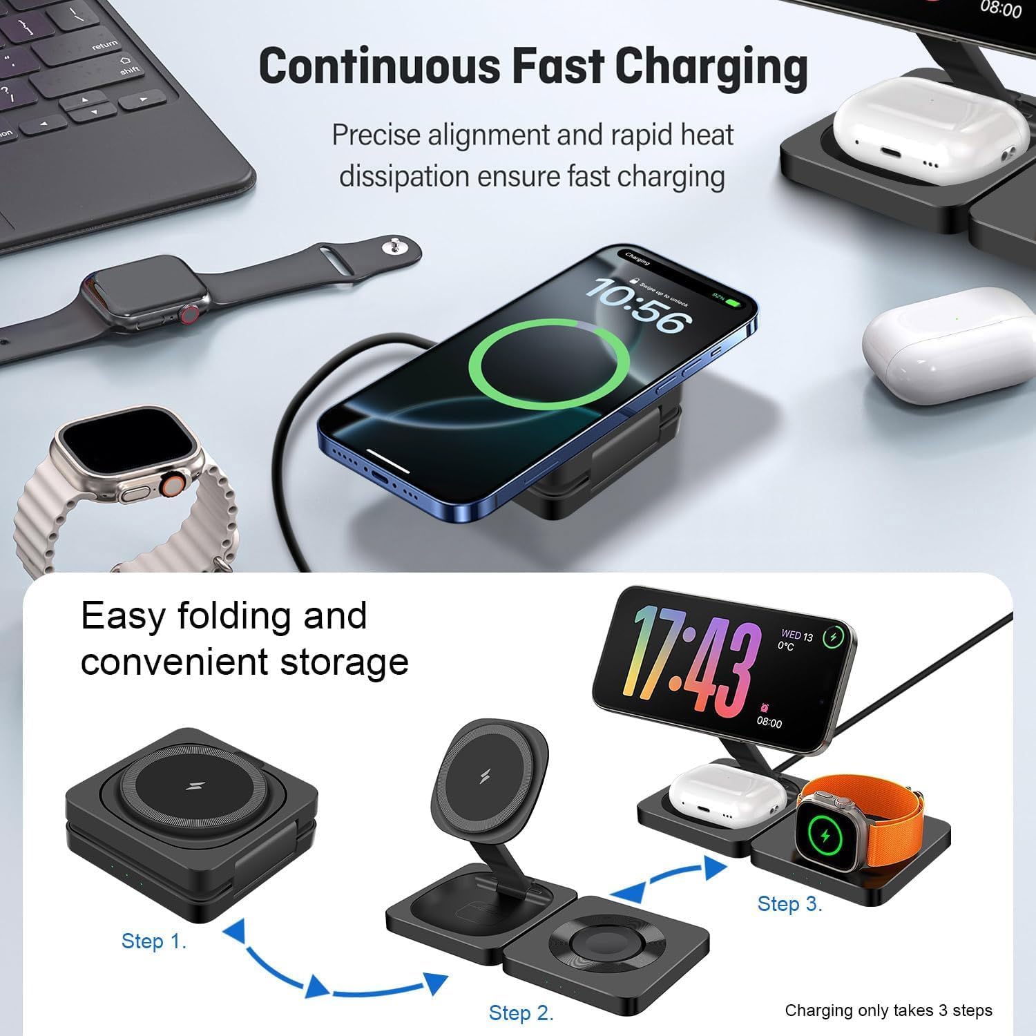 Thumbnail 2 de 3 in 1 Foldable Magnetic Wireless Charging Station for iPhone, Apple Watch and AirPods – Travel-Friendly