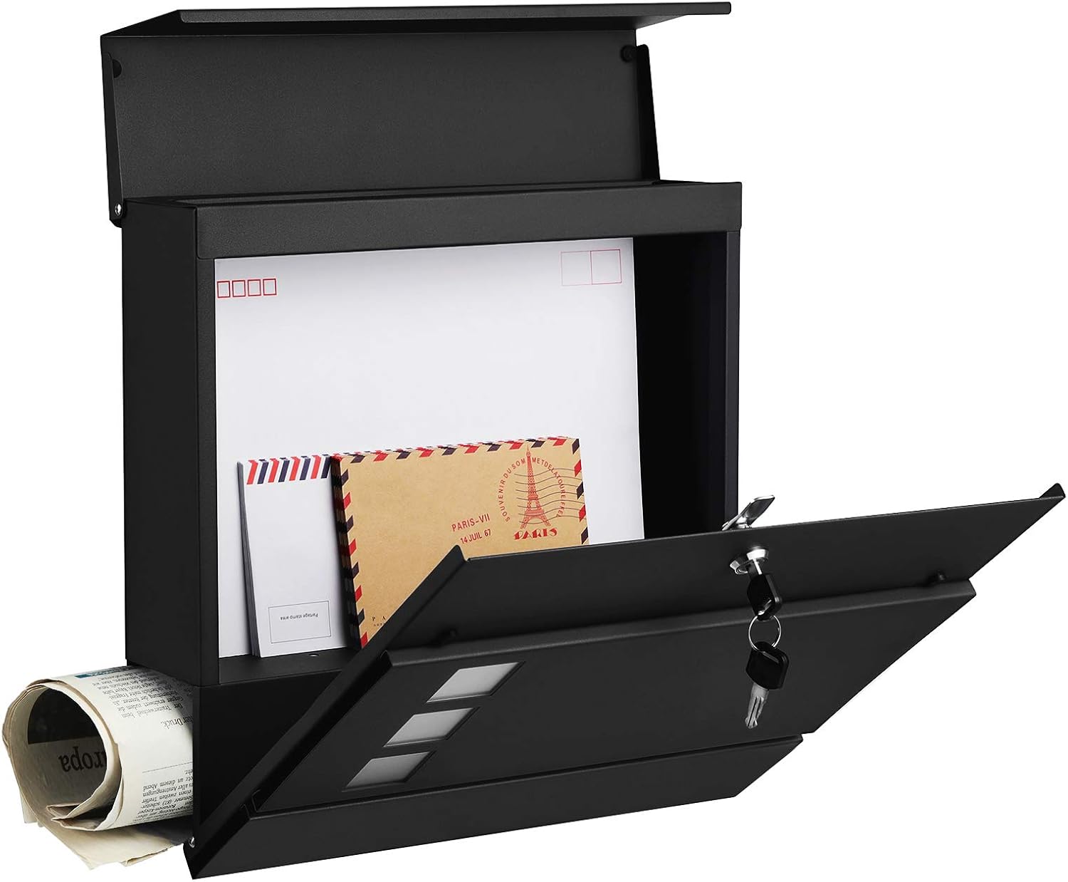Detalle 2 de SONGMICS XXL Briefkasten GMB052B01 – robuster Wandbriefkasten mit Zeitungsfach, Sichtfenster und Schloss in Schwarz