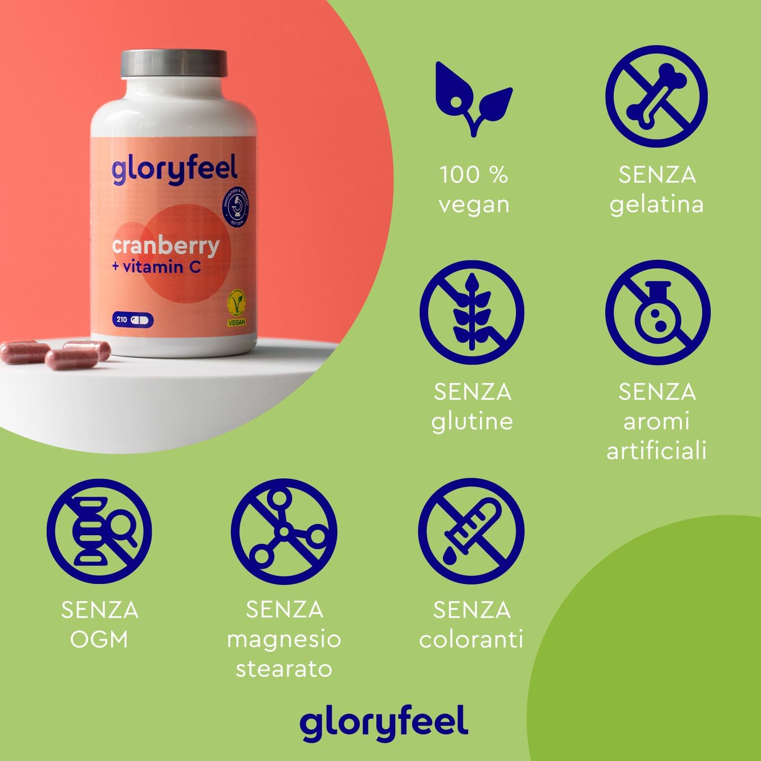 Detalle de Gloryfeel Cranberry Capsule al mirtillo rosso americano + Vitamina C, 210 capsule (7 mesi) vegan
