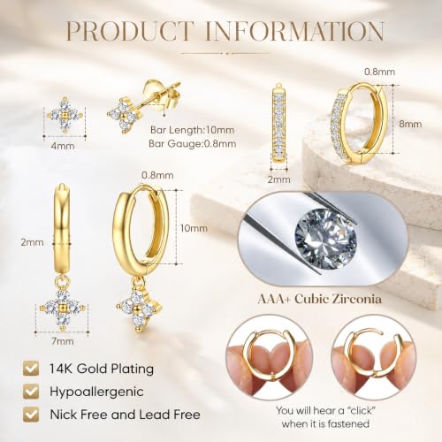 Detalle 2 de ATTILA 3-Pair 14k Gold-Plated Earring Set with Studs and Huggie Hoops