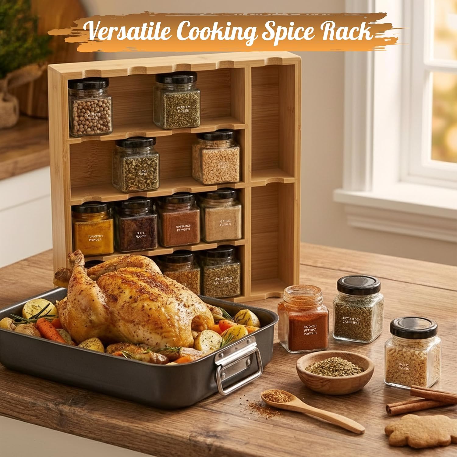 Thumbnail 4 de Topline Wooden Spice Rack with Spices Included – bamboo organiser with glass jars and salt & pepper grinders