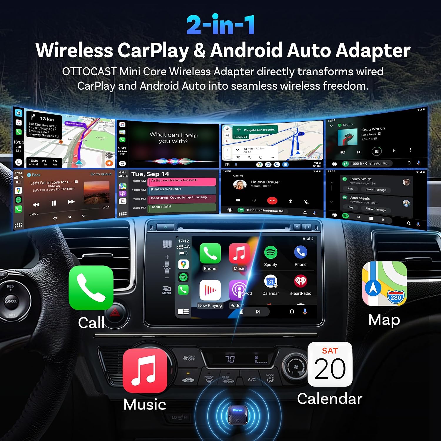 Detalle de OTTOCAST Mini Core 2-in-1 Wireless CarPlay & Android Auto Adapter Mini Cube