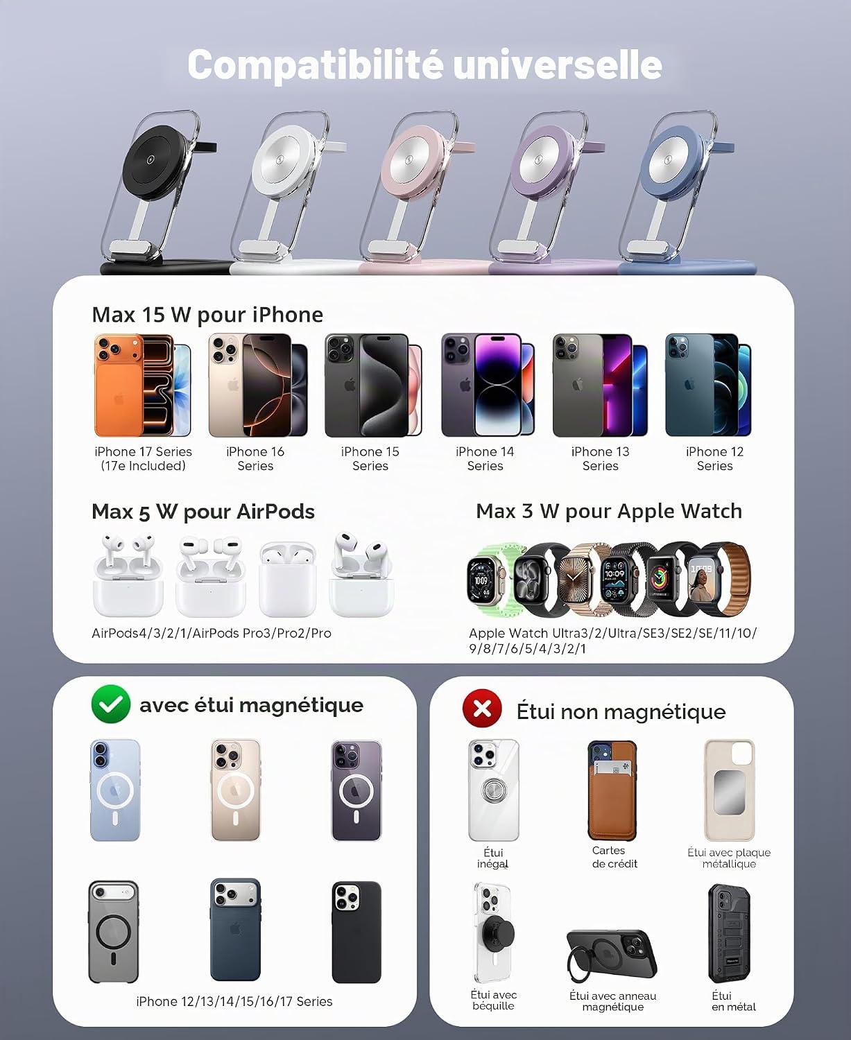 Thumbnail 3 de Chargeur Mag-Safe Wireless 3-en-1 argenté – station de recharge magnétique pour iPhone, Apple Watch et AirPods (lot de 2)