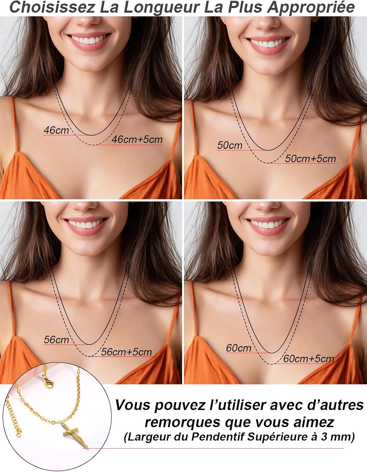 Detalle 2 de ChainsPro Collier Femme Acier Inoxydable 2 mm – Or/Argenté/Or Rose/Noir, Ajustable 46–76 cm