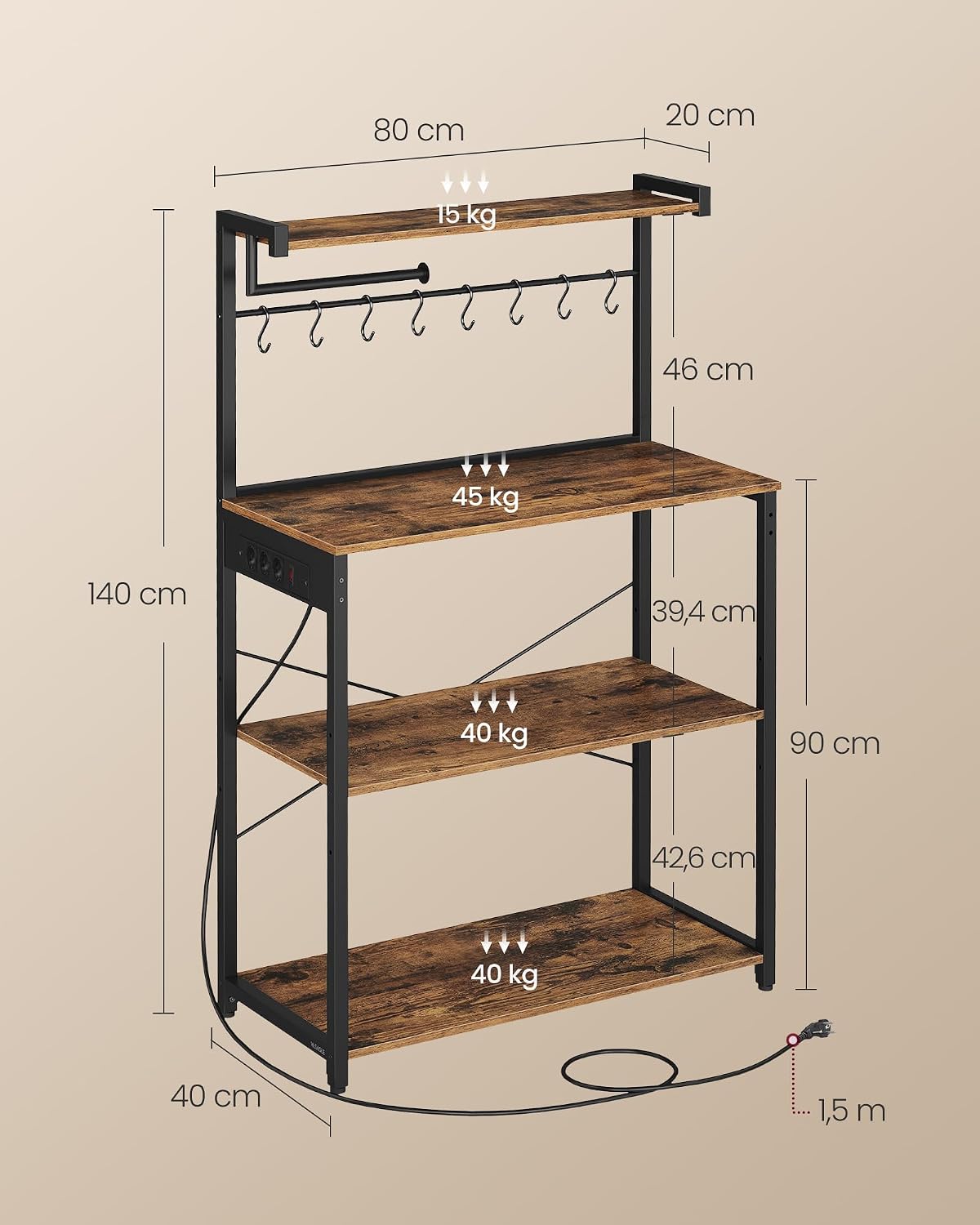 Detalle 2 de VASAGLE Scaffale da Cucina con Multipresa, Bar Caffèa 4 Ripiani con 8 Ganci a S, Regolabile, 40 x 80 x 140 cm, Marrone Vintage e Nero Inchiostro (KKS029KD02)