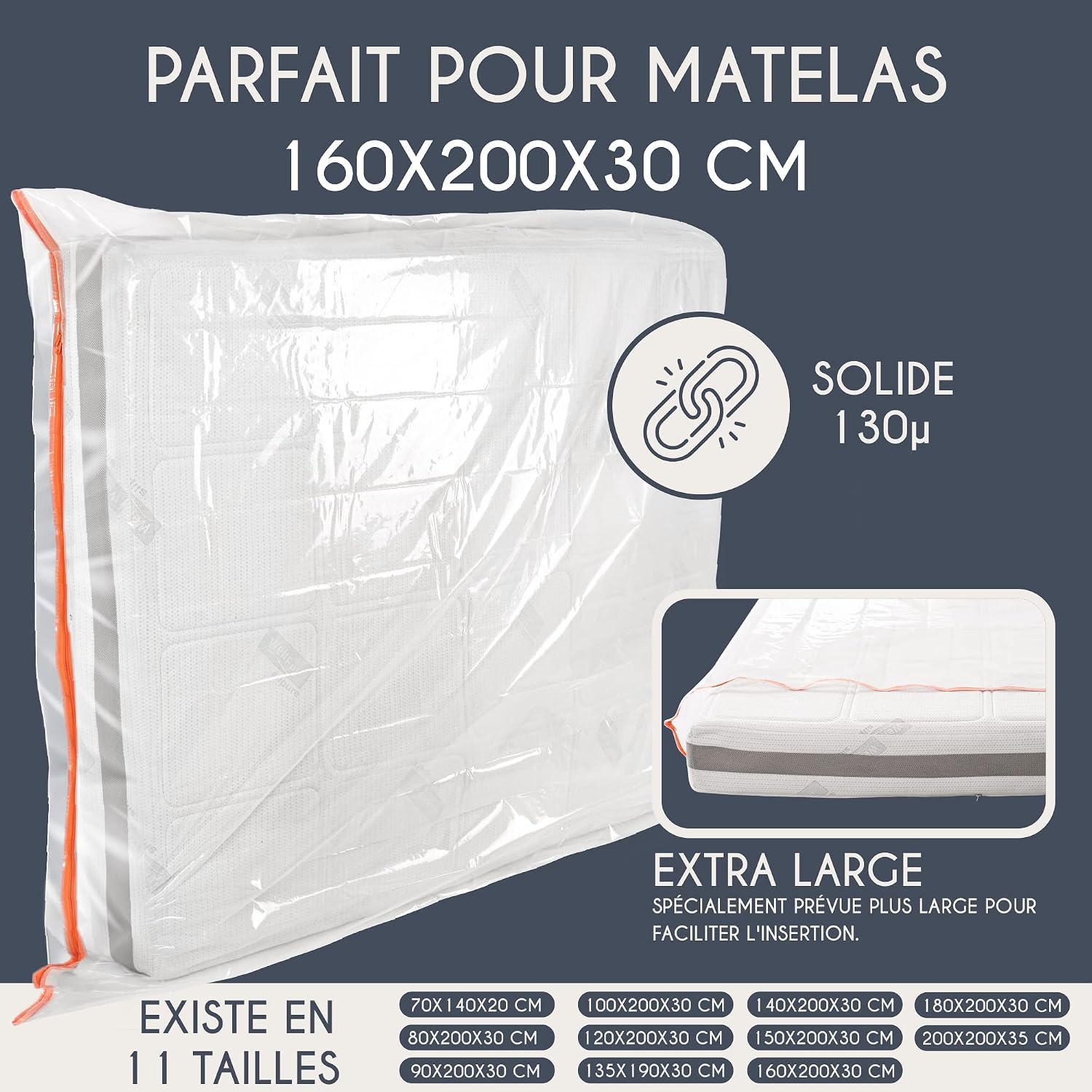 Detalle 2 de Housse de déménagement pour matelas 160x200 cm (épaisseur 30 cm) en plastique avec zip pratique – 11 tailles