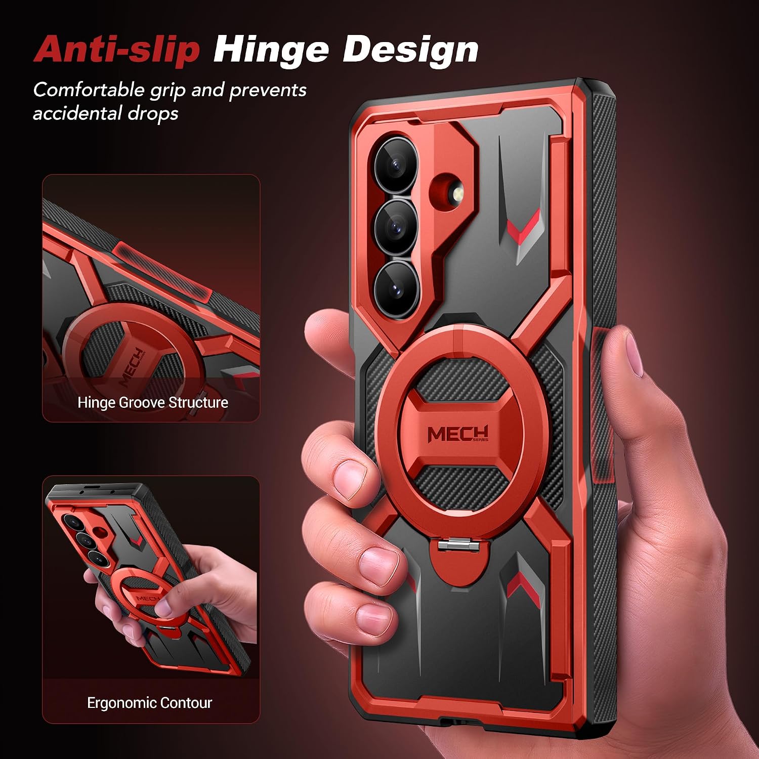 Detalle de Tongate Z Fold 7 Magnetic Case Red、360°回転スタンド・覗き見防止ガラス付きケース