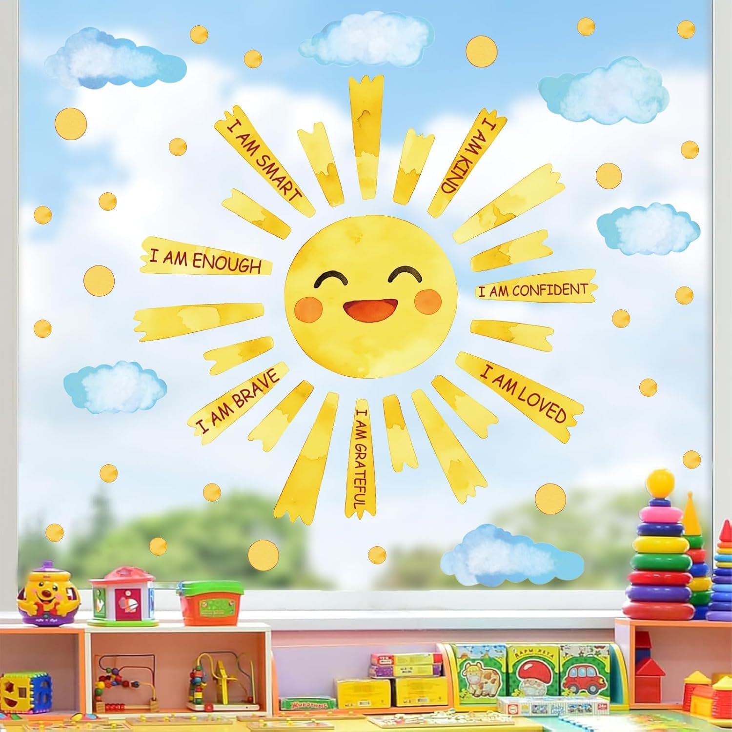 Detalle de ANHUIB Inspirational Quote Sun Wall Decal – 98 x 30 cm, Cloud, Polka Dots and Motivational Quotes for Kids' Rooms