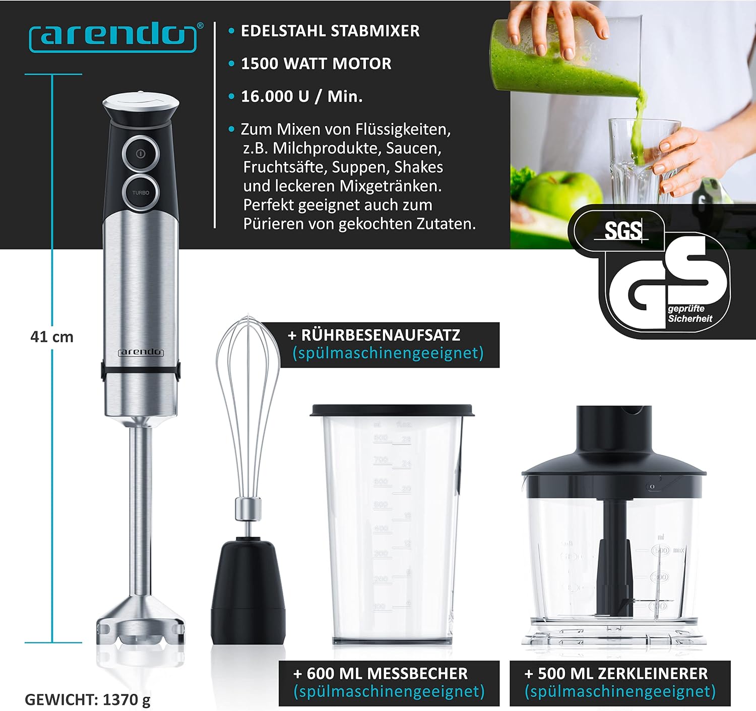 Thumbnail 1 de Arendo Stabmixer Edelstahl 1500 W Set