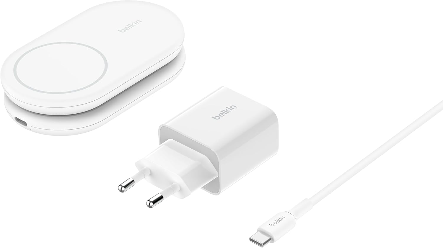 Detalle de Belkin BoostCharge Socle de Recharge Qi2 avec Support Pliable — 15 W, MagSafe compatible (iPhone 16/15/14/13) – Blanc