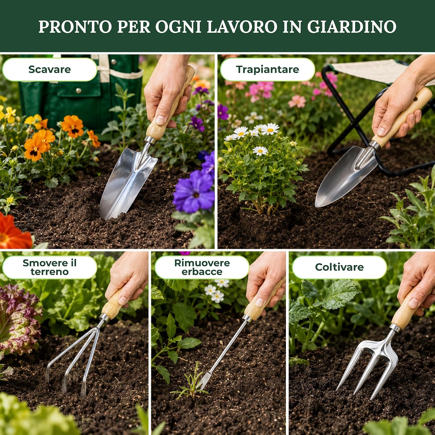 Detalle de GardenHOME Set di attrezzi da giardino 7 pezzi con sgabello pieghevole e borsa