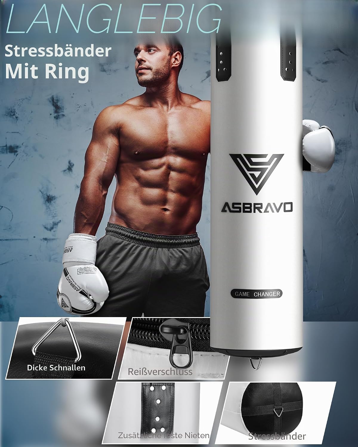 Detalle 2 de ASBRAVO Boxsack für Erwachsene – 4ft PU-Leder, ungefüllt, inkl. 12oz Boxhandschuhe, 5m Handwraps, Springseil und Griffstärkungsgerät