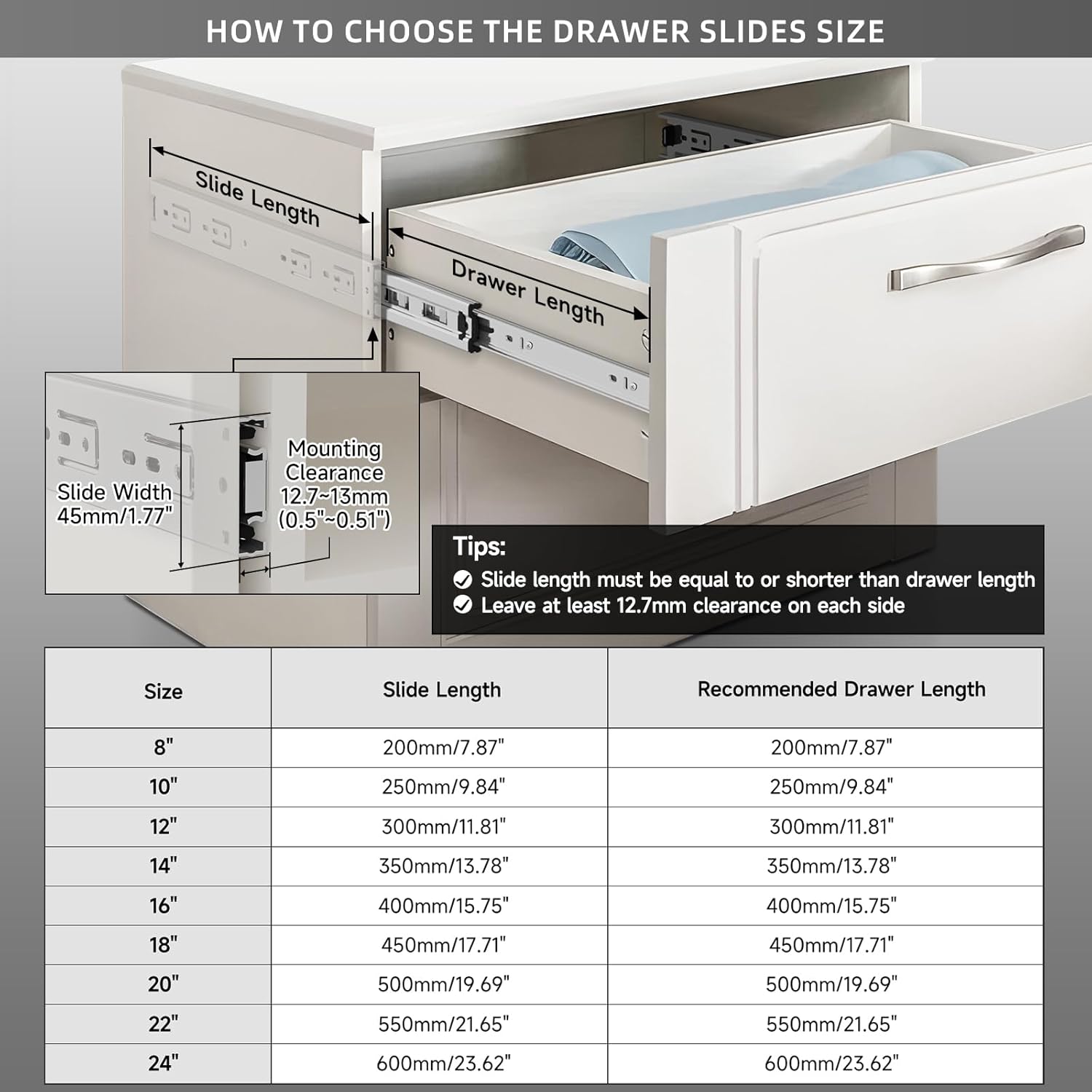 Thumbnail 1 de AOLISHENG 5 Pairs Drawer Runners (Drawer Slides) 400mm, 45kg load capacity, full extension, ball bearing side-mount
