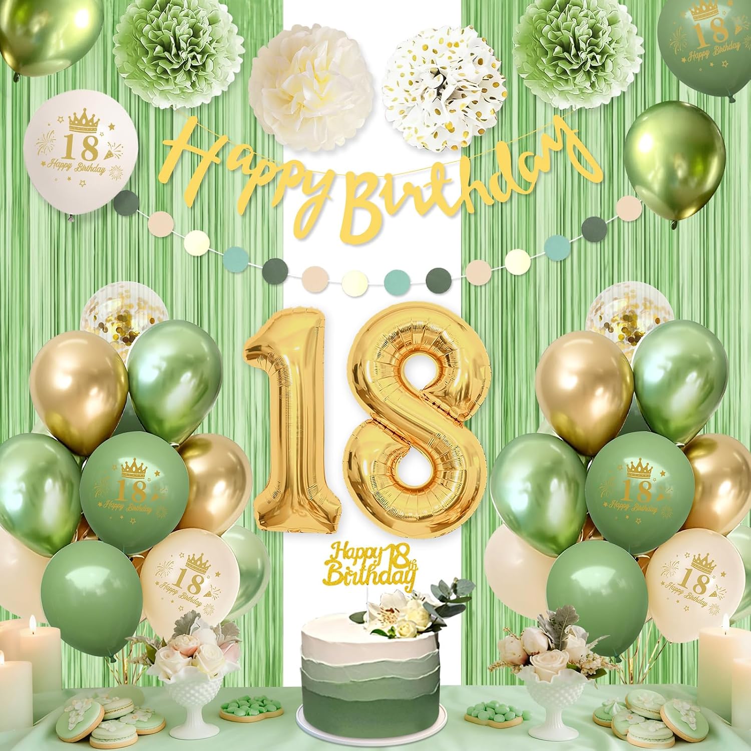 18 Geburtstag Deko Grün Gold Set – Luftballons, Banner, Pompons und Lametta-Vorhänge