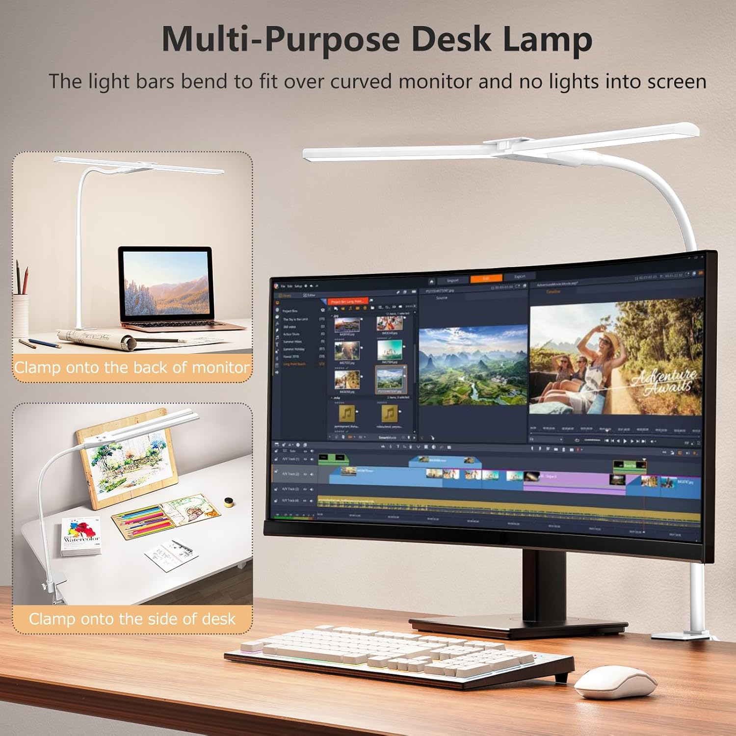 Thumbnail 1 de Schreibtischlampe LED Dimmbar mit Doppelkopf, Klemmbar, 1200 Lumen – Augenfreundliche Beleuchtung für Homeoffice