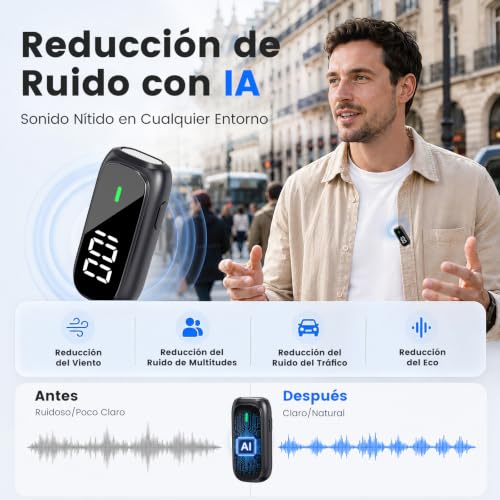 Detalle 2 de YEJATA micrófono inalámbrico con 2 micrófonos, USB-C, Lightning y cancelación de ruido con IA