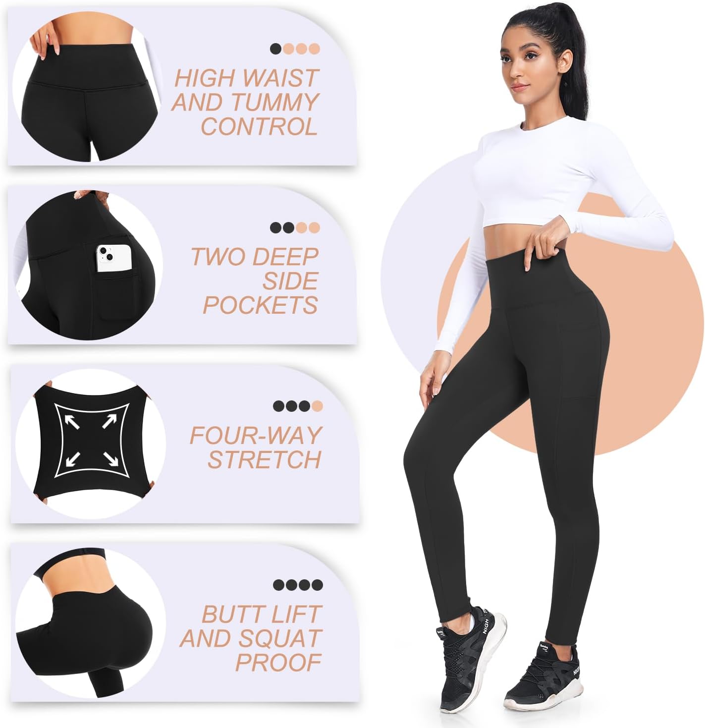 Detalle 2 de FULLSOFT Fleece-Lined Leggings for Women, 4-Pack with Pockets