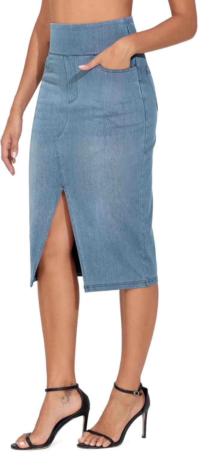 Thumbnail 5 de THE GYM PEOPLE Women's High-Waist Knee-Length Stretch Denim Skirt with Front Slit